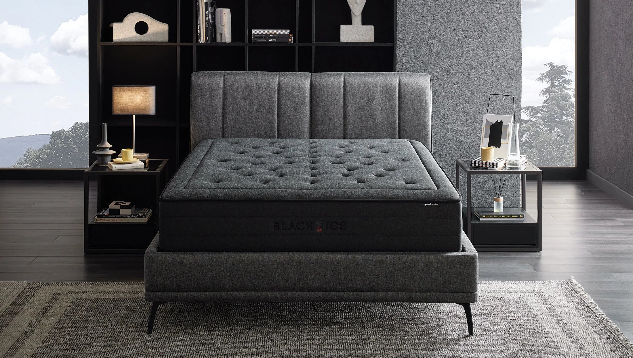 Тапицирано легло «Black Ice» + Матрак и табла - с място за съхранение, матрак с лятна страна с охлаждащ гел и зимна - с вълна Woolmark