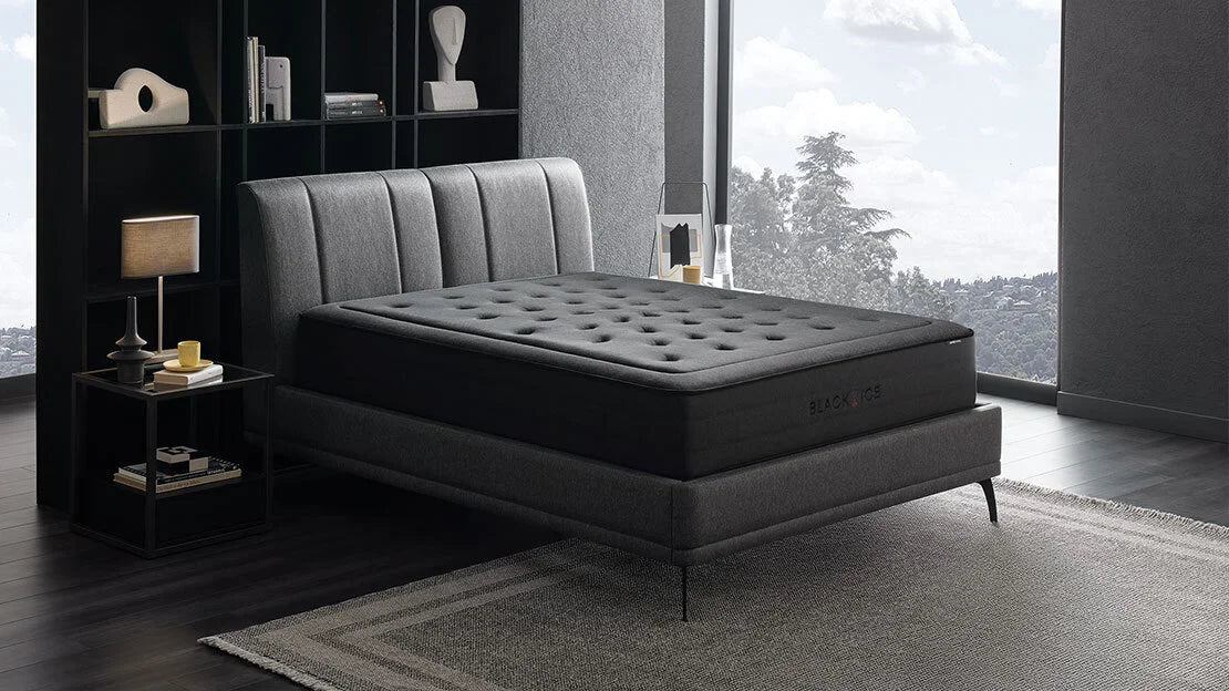 Тапицирано легло «Black Ice» + Матрак и табла - с място за съхранение, матрак с лятна страна с охлаждащ гел и зимна - с вълна Woolmark