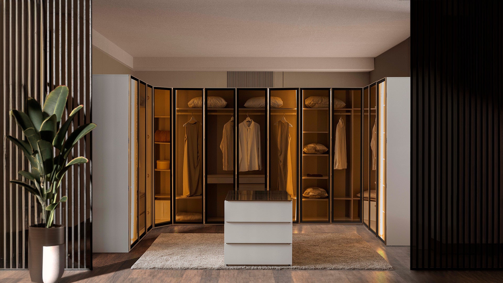 Гардероб «Noble» + стъклени врати и LED осветление, с чекмеджета, ширина 209см