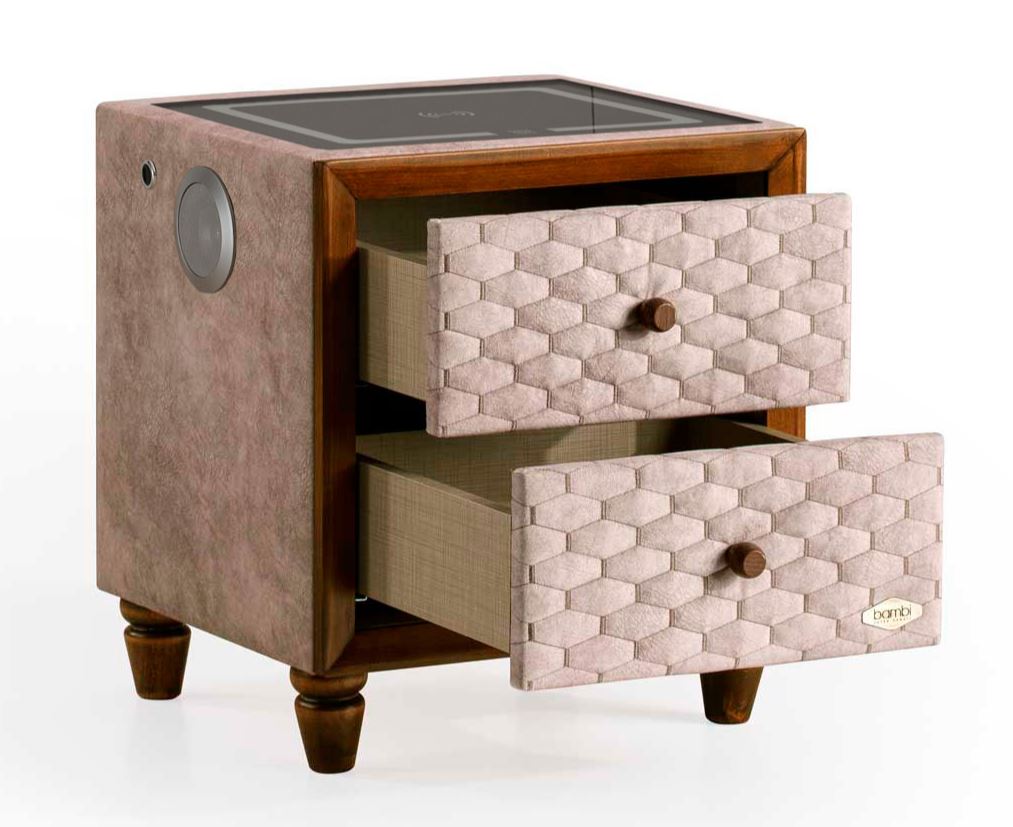 Тапицирано нощно шкафче «Magnasand» + две чекмеджета, с LED осветление, с музикална система и USB зарядна станция, размер 52х59х43см