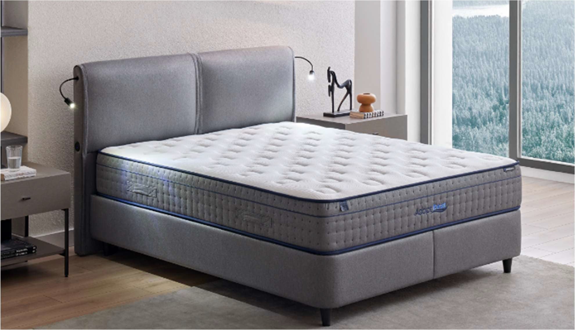 Тапицирано легло «New Lotto» + табла «Adapt Rest» - с място за съхранение, повдигащ механизъм, система за безшумно затваряне