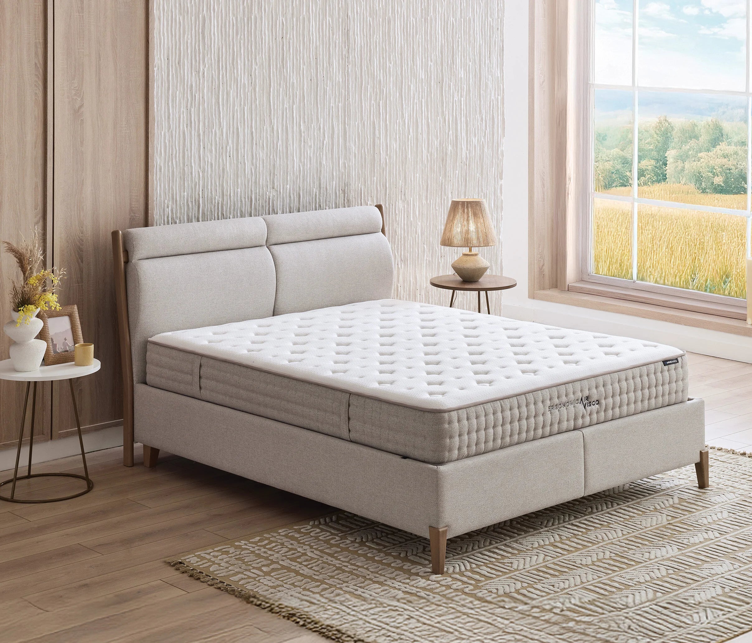 Тапицирано легло «Ergonomic Air» + Матрак и табла - с място за съхранение, матрак с лятна и зимна страна