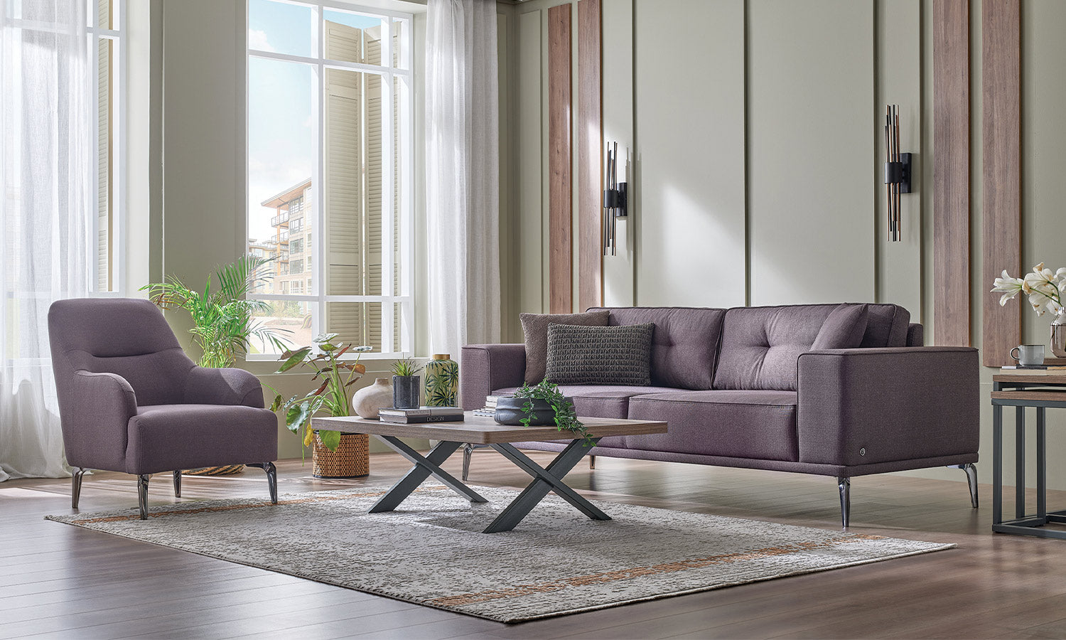 Tриместен разтегателен диван «Ravel» + 4 декоративни възглавници, ширина 240см