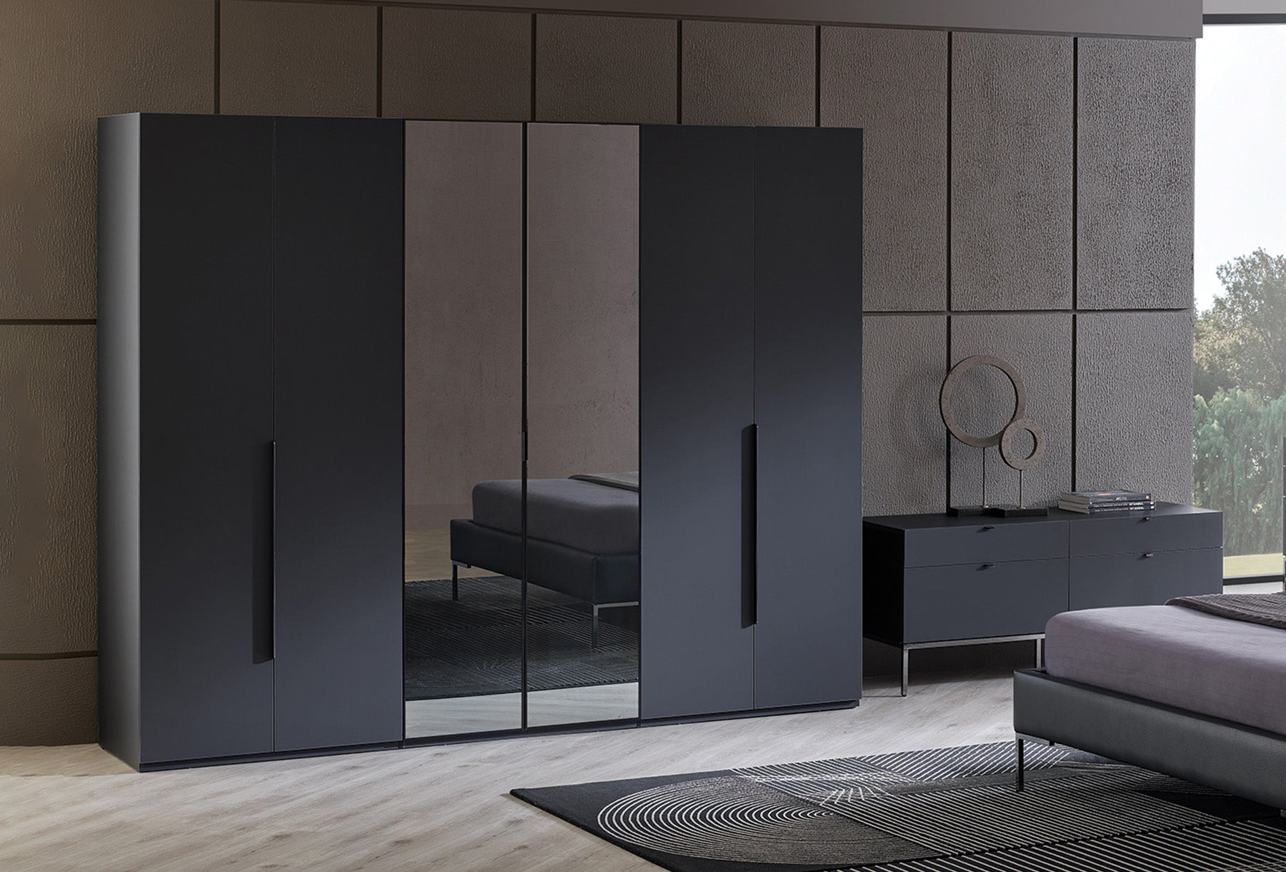 Шесткрилен гардероб «Legato Black» - стъклени врати, ширина 272см