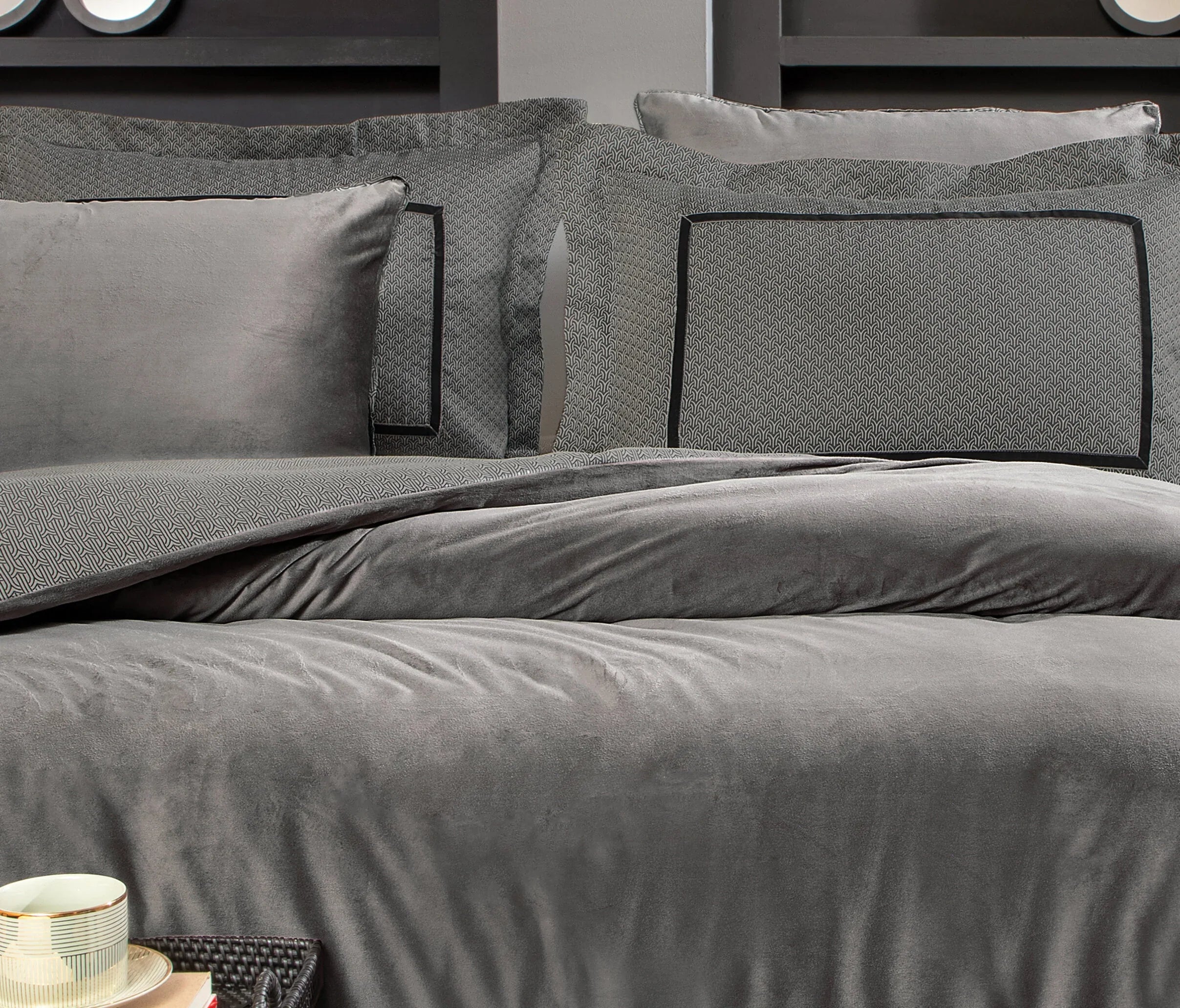 Двоен спален комплект «Pietro-Anthracite» - 6 части, памучен сатен