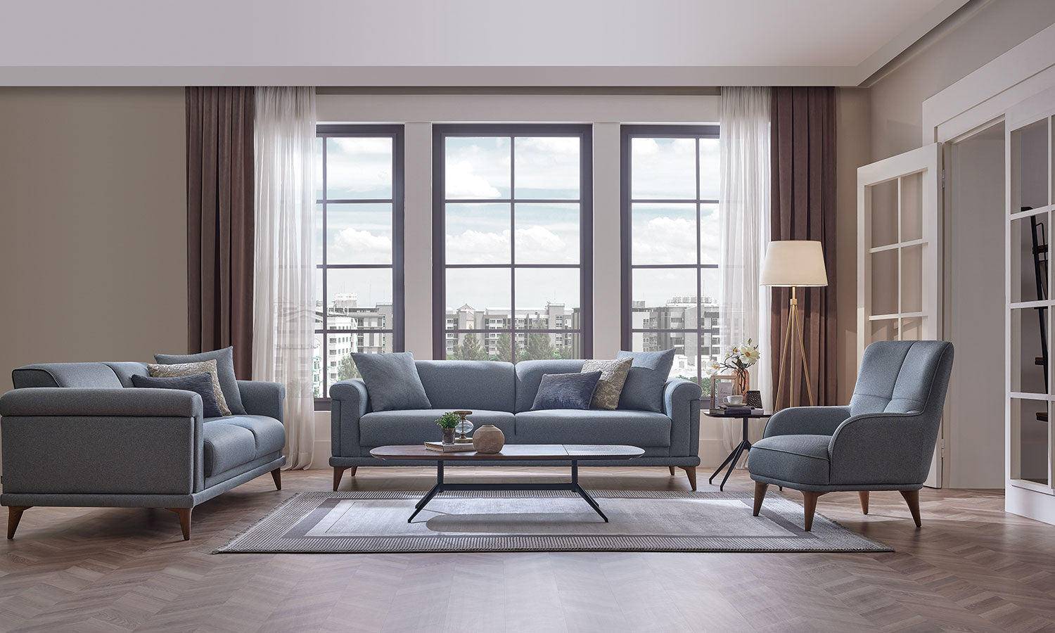 Tриместен разтегателен диван «Melvin» + 4 декоративни възглавници, ширина 233см