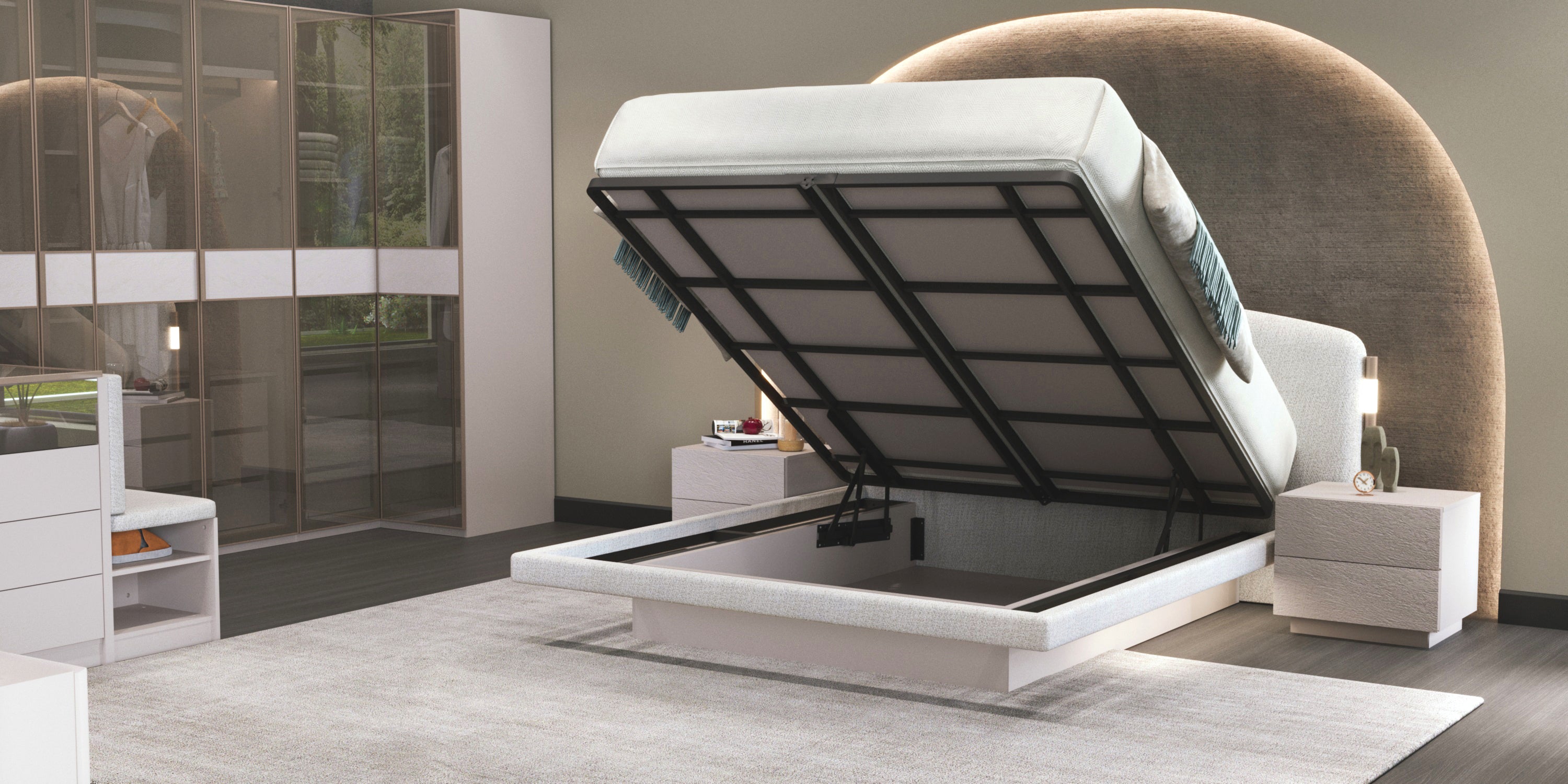 Тапицирано легло с осветление «Kasmir» с място за съхранение, повдигащ механизъм