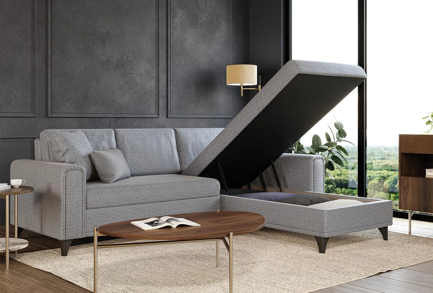 Ъглов разтегателен диван - легло «Maris» + пет декоративни възглавници, ширина 257см