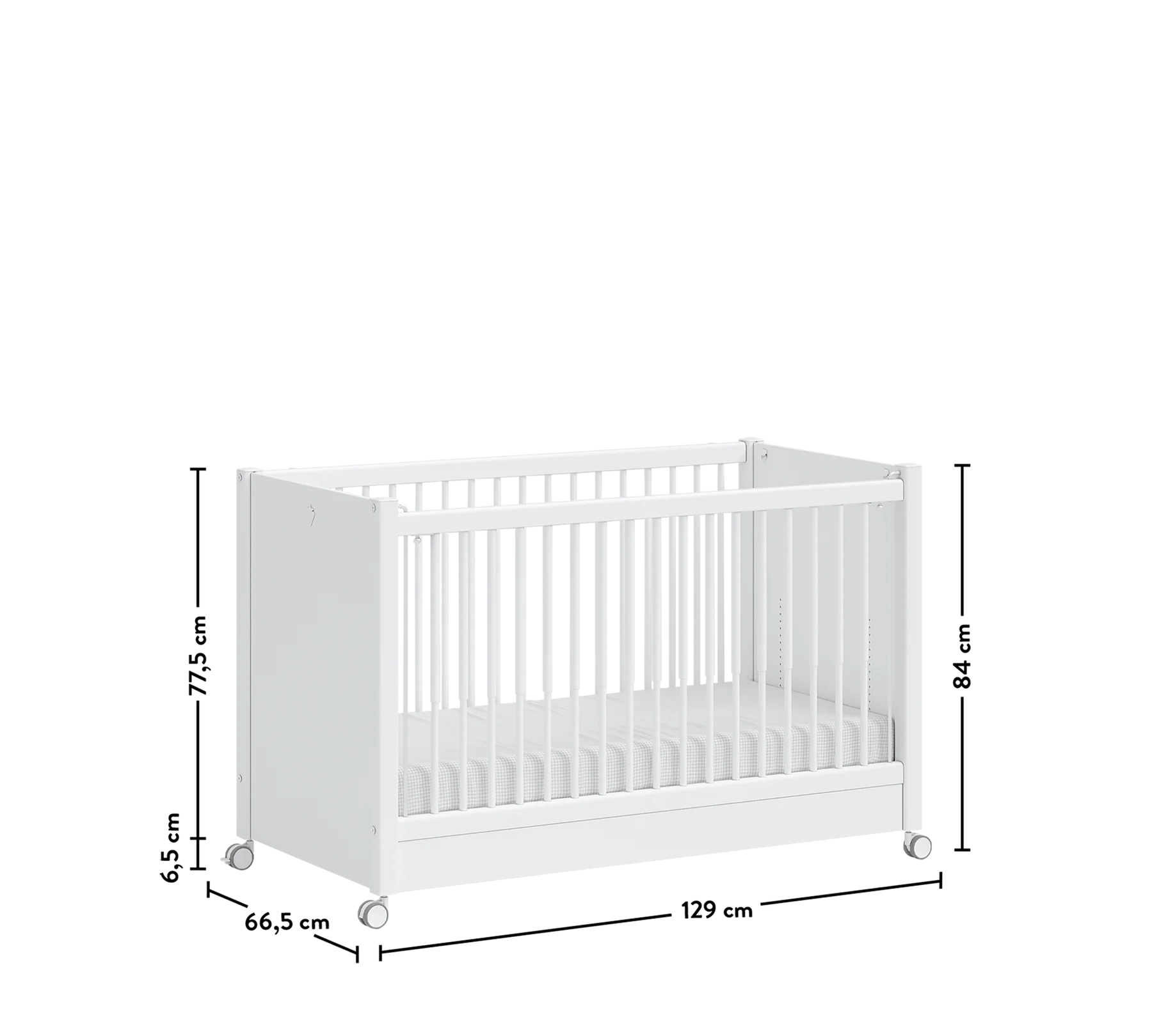 Бебешка кошара «White» с въртящи колелца и подвижна преграда, за матрак 60х120см