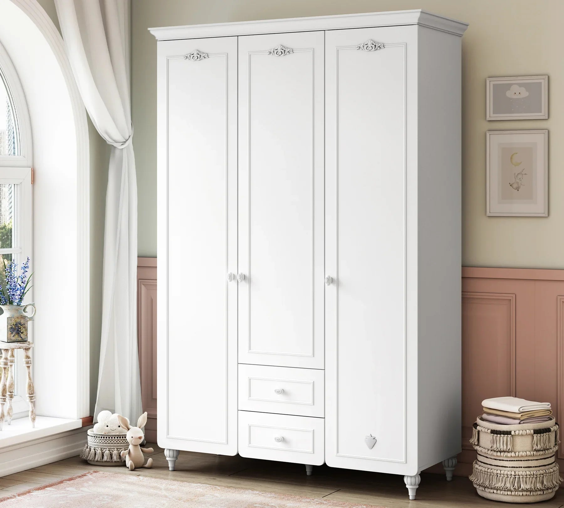 Детски трикрилен гардероб «Romantic baby» с огледална врата, ширина 136см