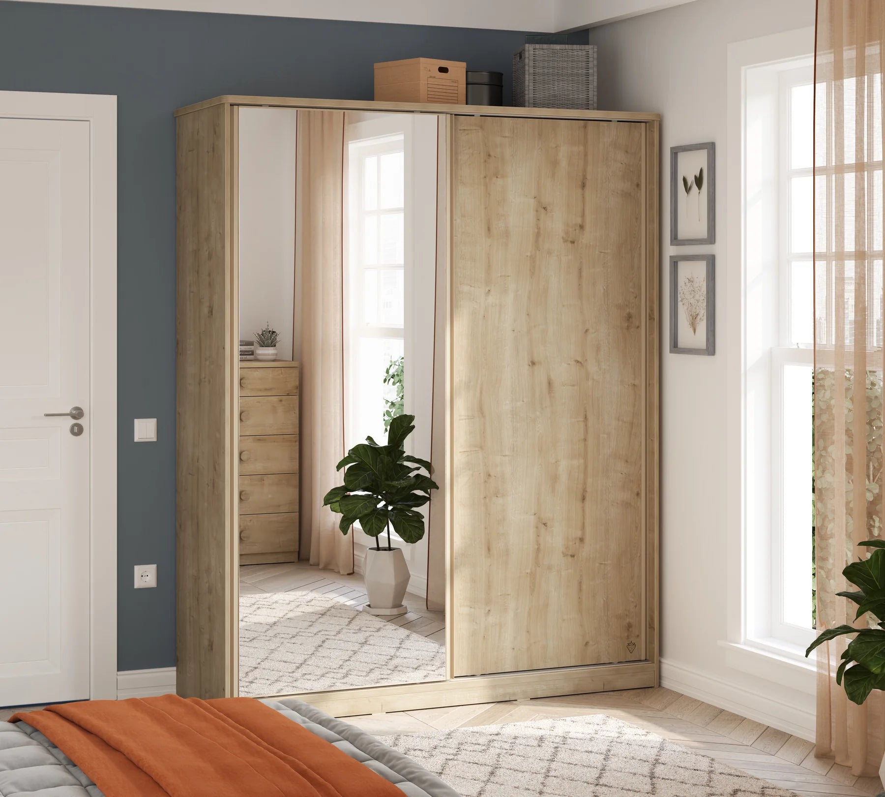 Гардероб с плъзгащи врати «Mocha» с огледална врата, със защита против преобръщане и вентилация, ширина 164см