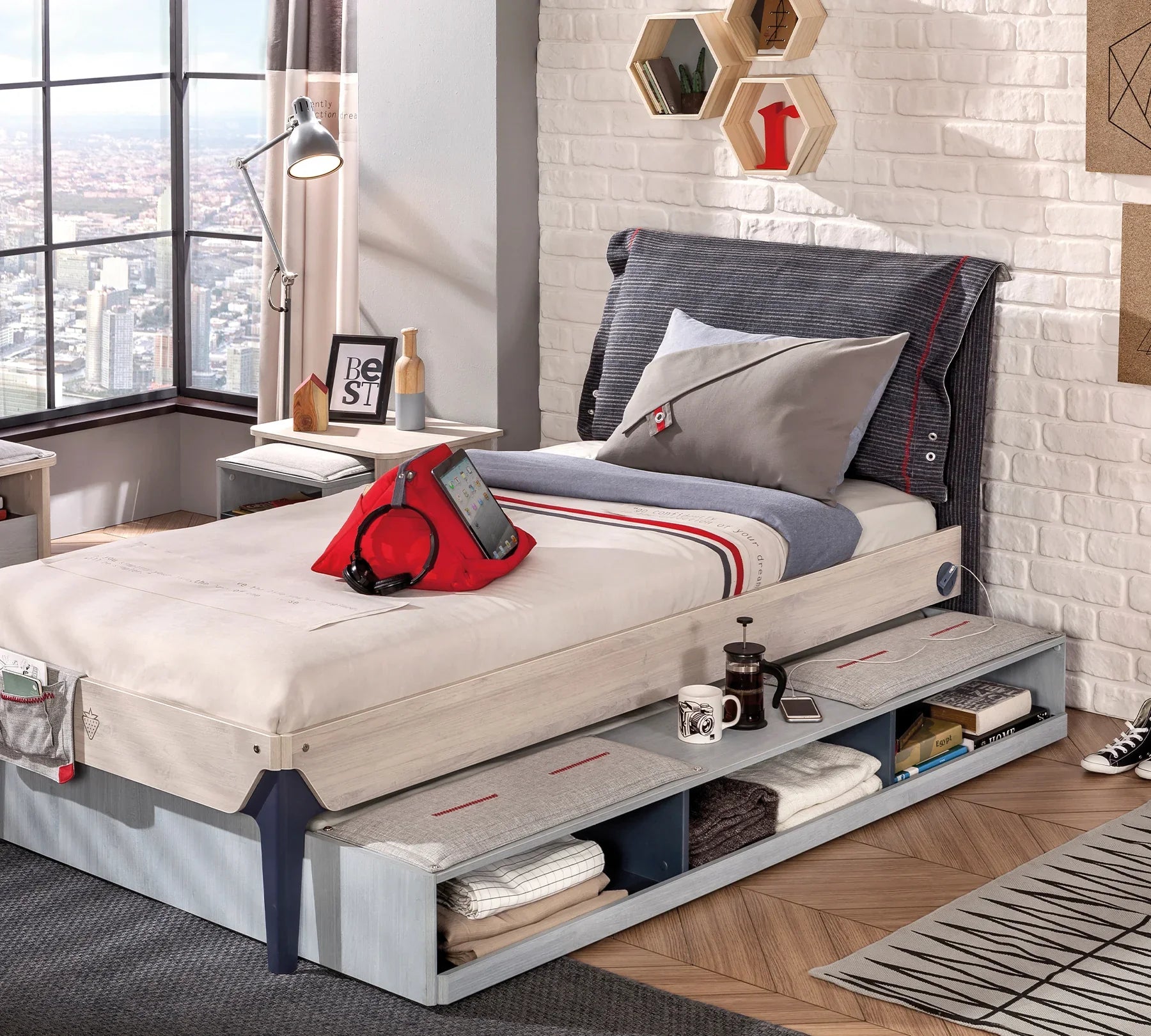 Издърпващо се легло «Trio» с отделения, за матрак 90х190см