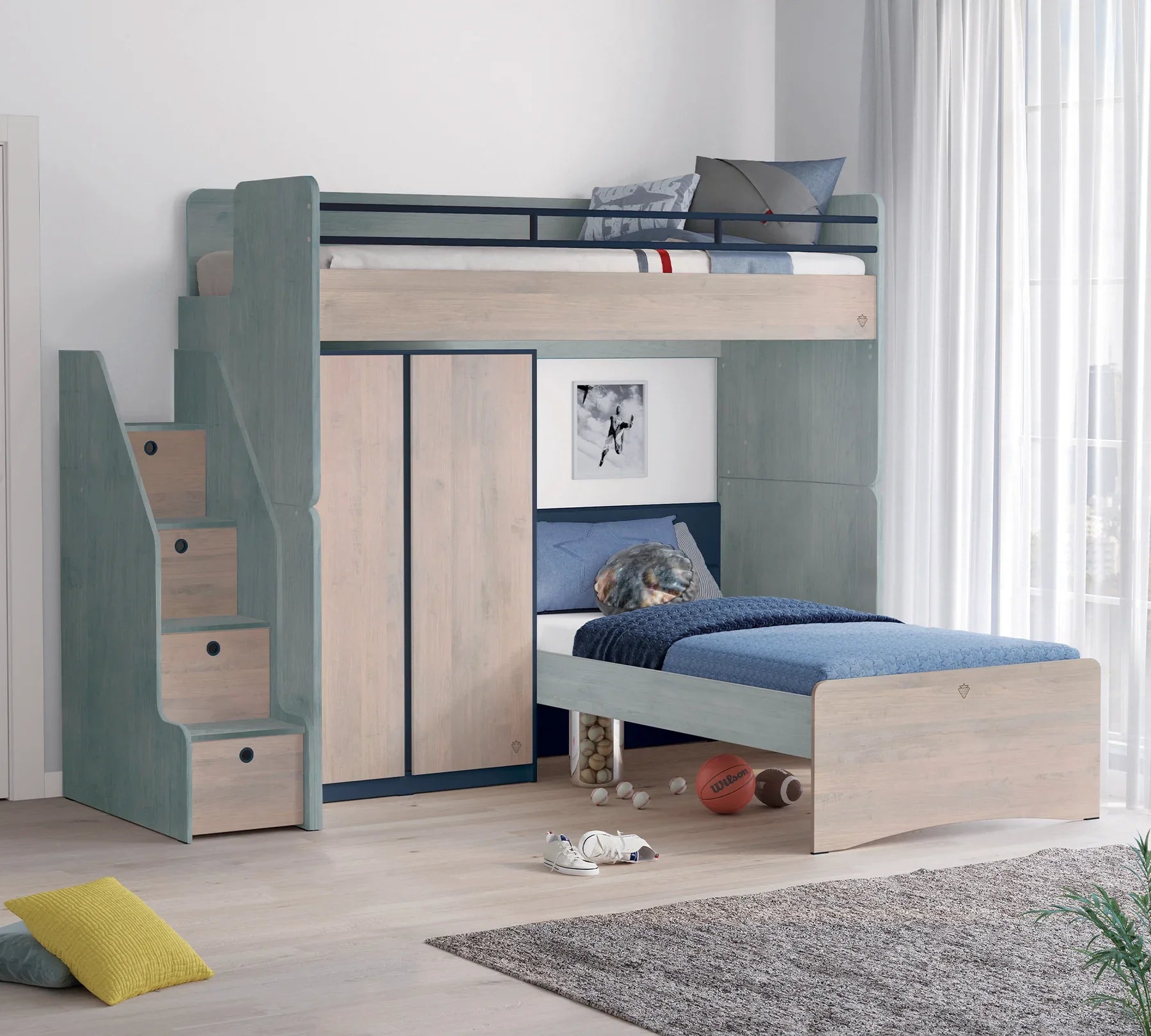 Модулно двуетажно легло «Studio Trio» - Сет 3, с две легла, гардероб и стълби с чекмеджета