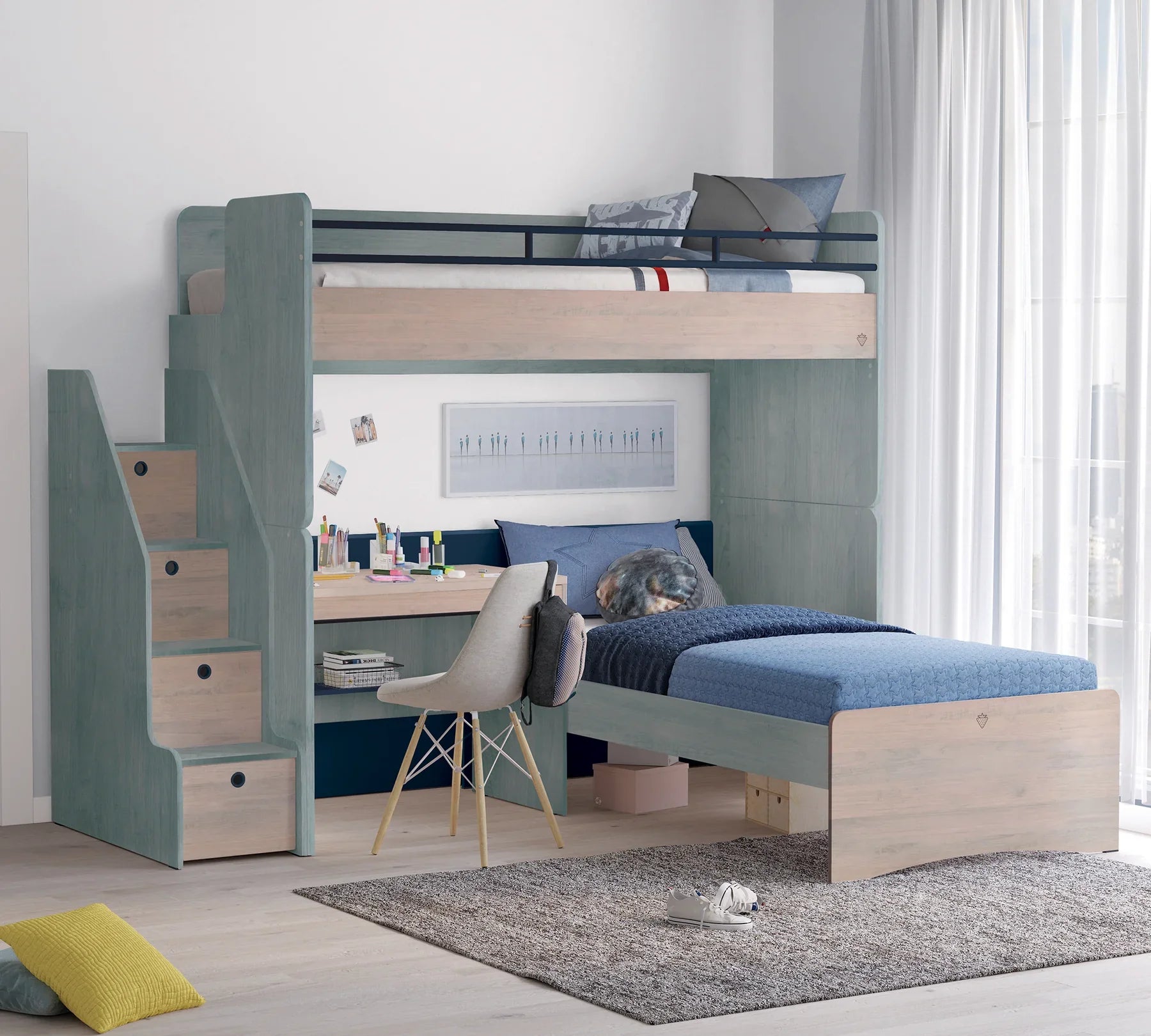 Модулно двуетажно легло «Studio Trio» - Сет 7, с две легла, бюро и стълби с чекмеджета