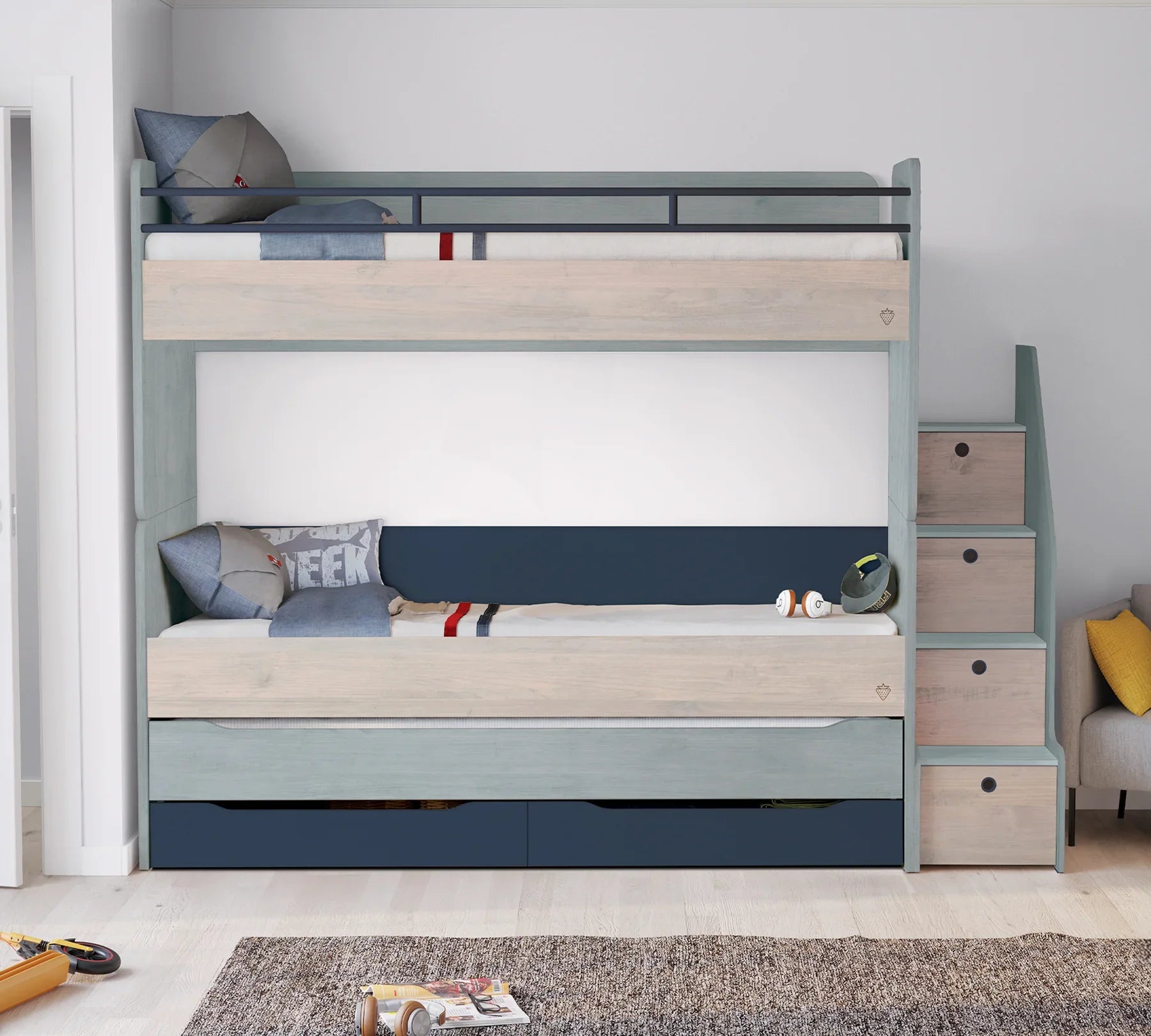 Модулно двуетажно легло «Studio Trio» - Сет 1, с три легла и стълби с чекмеджета