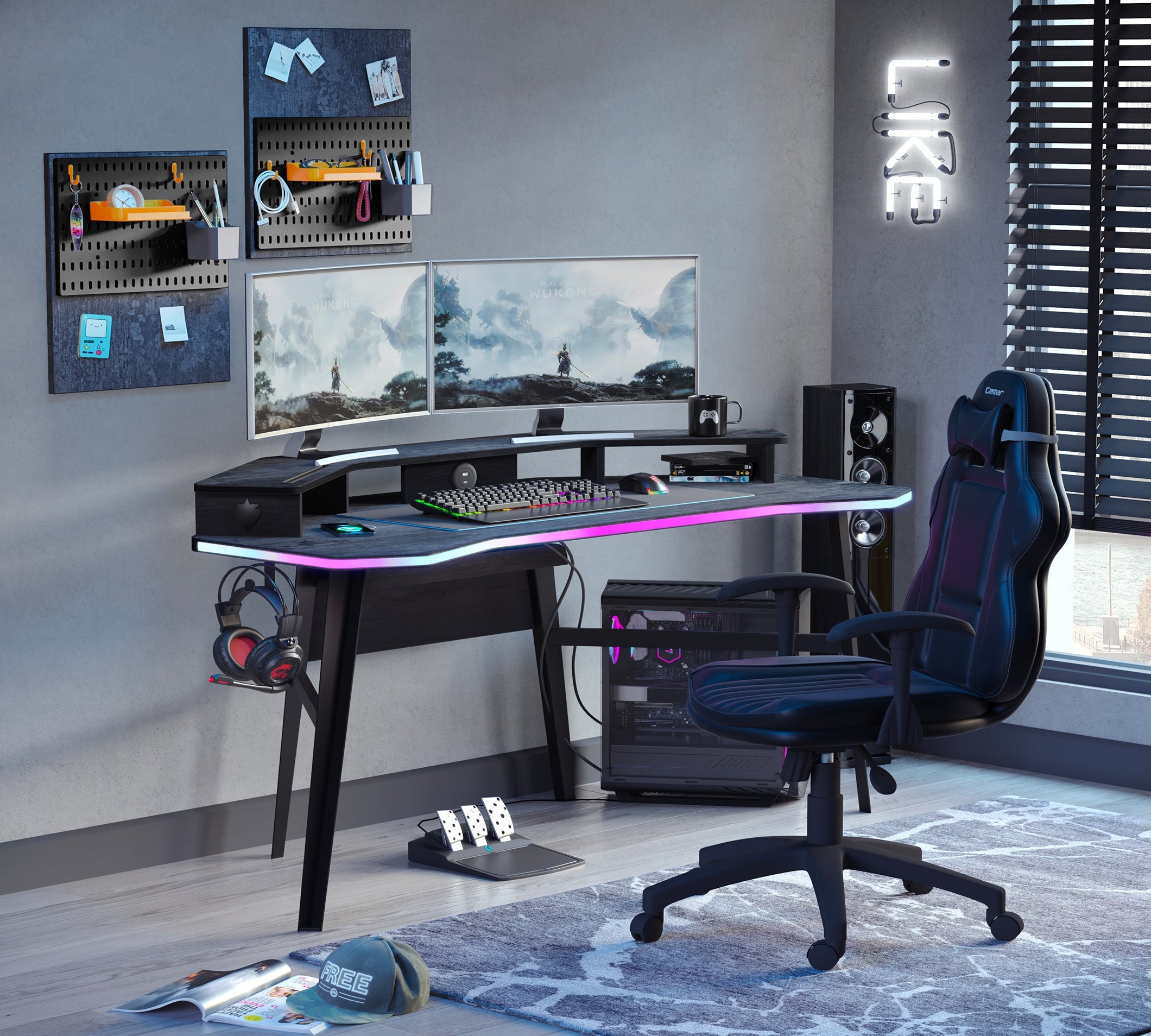 Геймърско бюро «Dark Metal» с LED осветление, USB зарядна станция, размер 142х154х72см