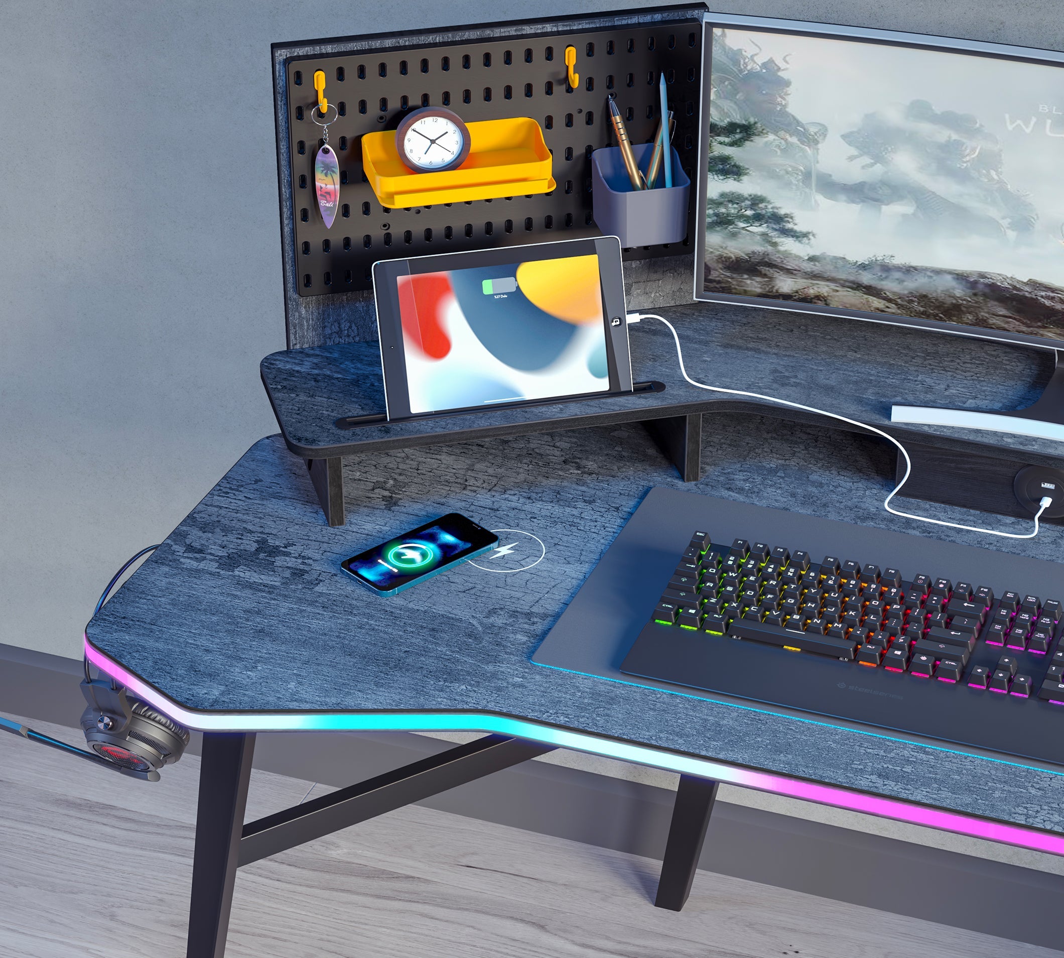 Геймърско бюро «Dark Metal» с LED осветление, USB зарядна станция, размер 142х154х72см