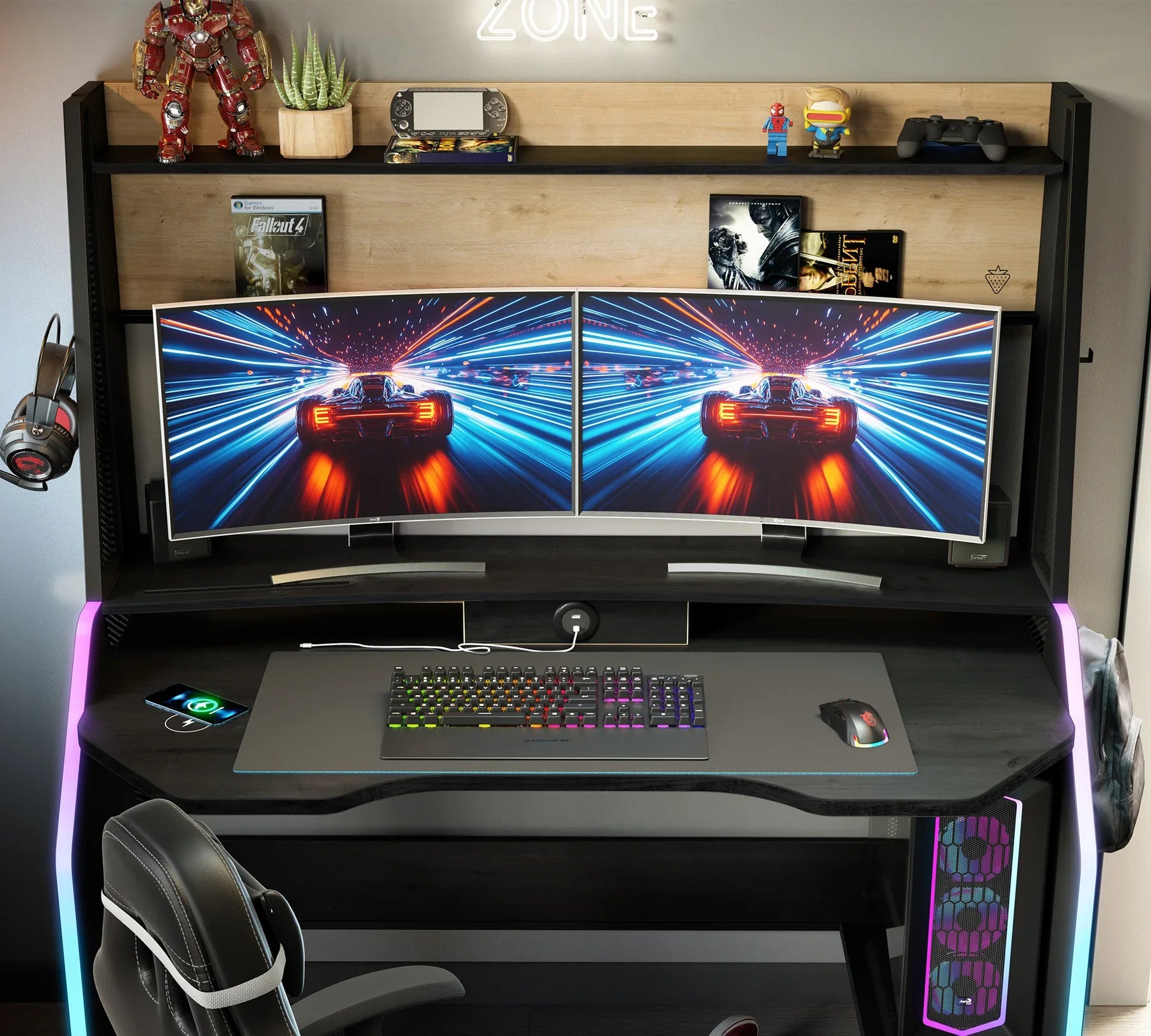 Геймърско бюро «Black 2» с USB зарядна станция, размер 142x154x72