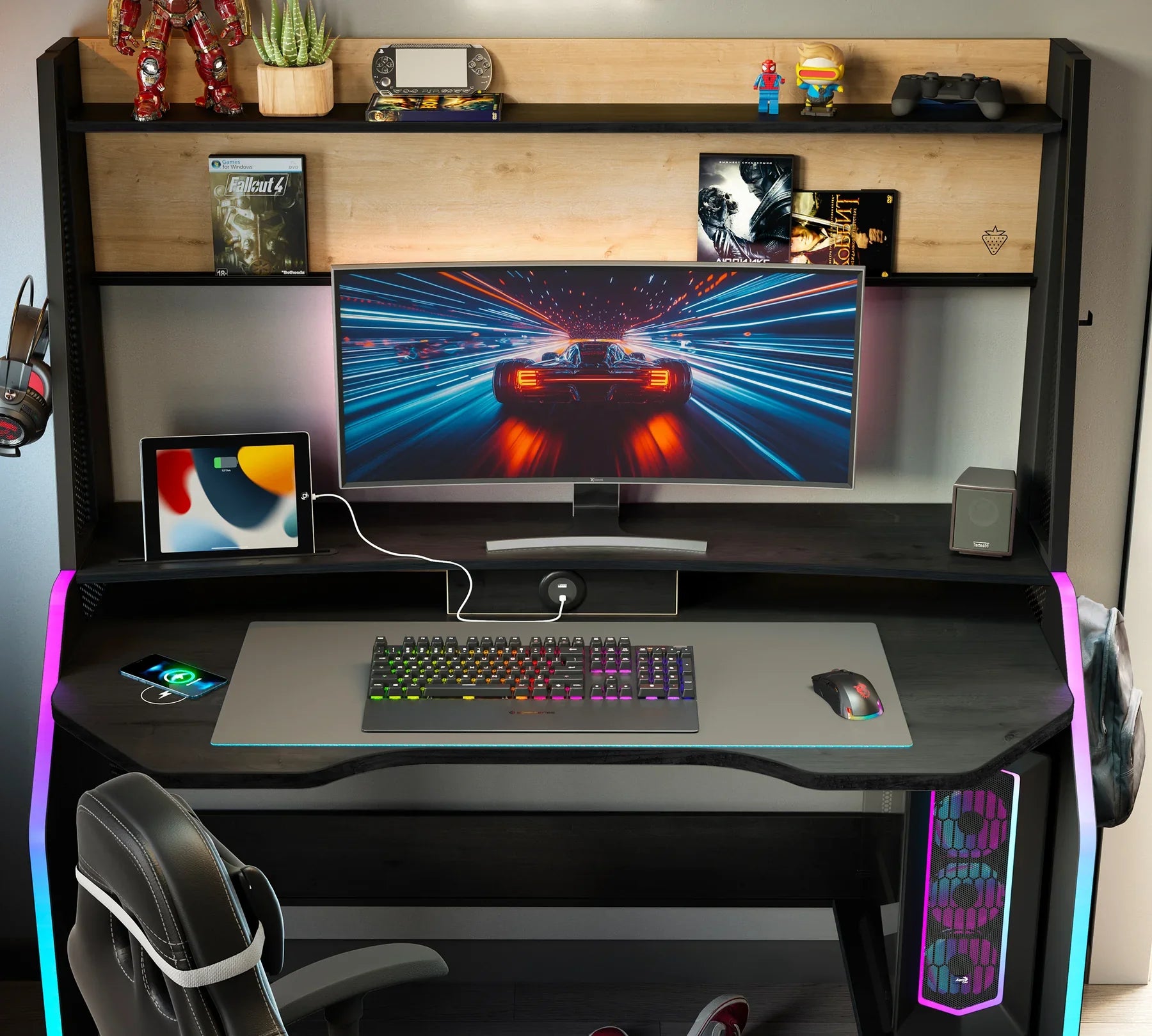 Геймърско бюро «Black 2» с USB зарядна станция, размер 142x154x72