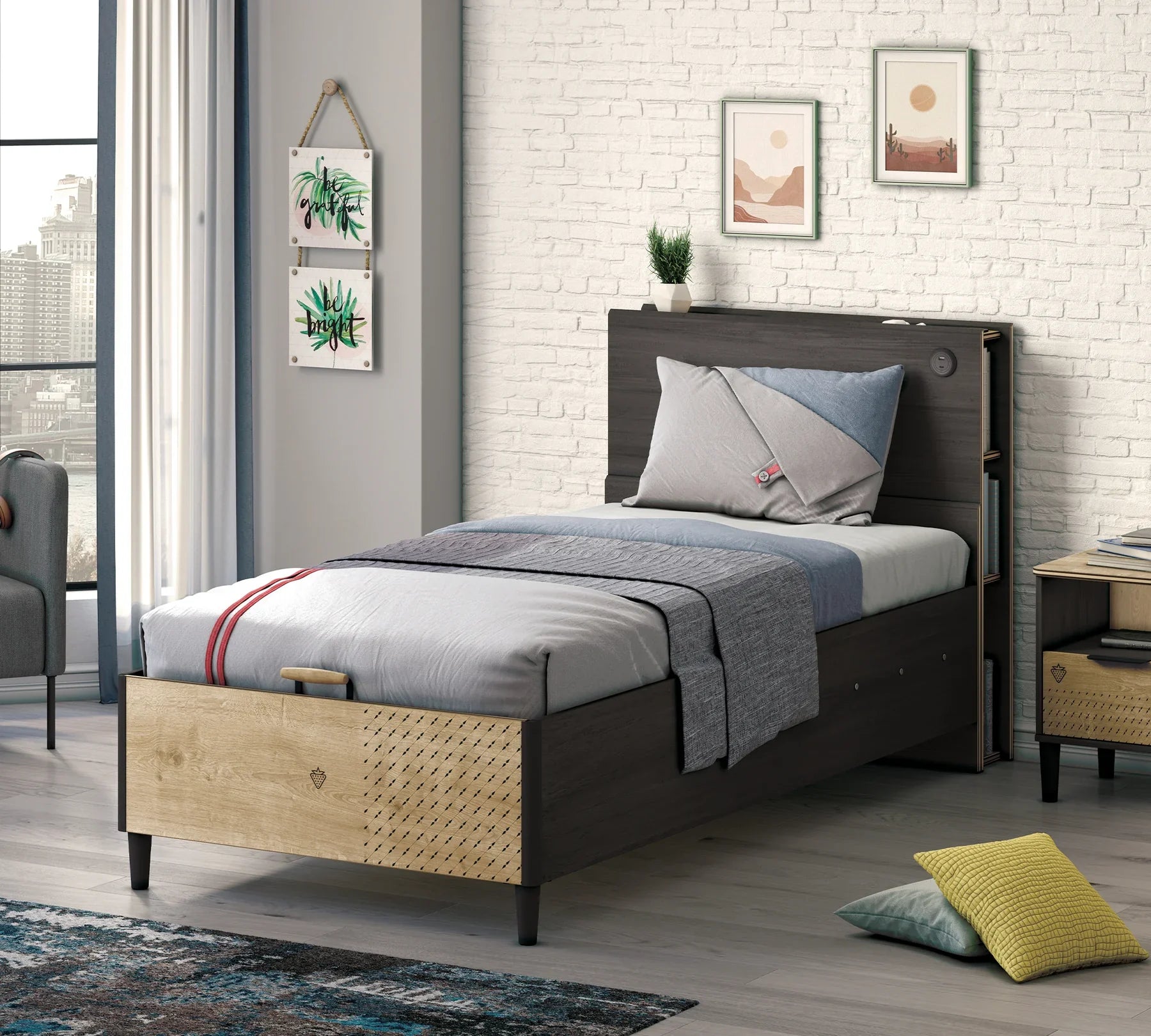 Табла за легло «Black» с рафтове за книги, с USB зарядна станция