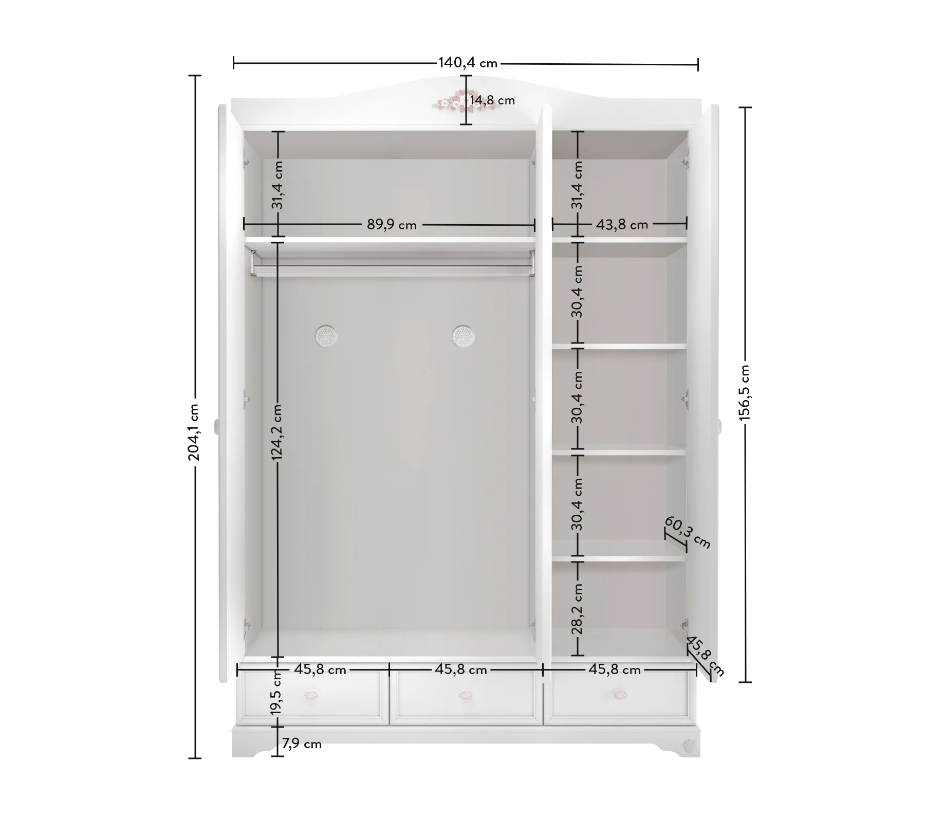 Трикрилен гардероб «Rustic White» с огледална врата, ширина 120см