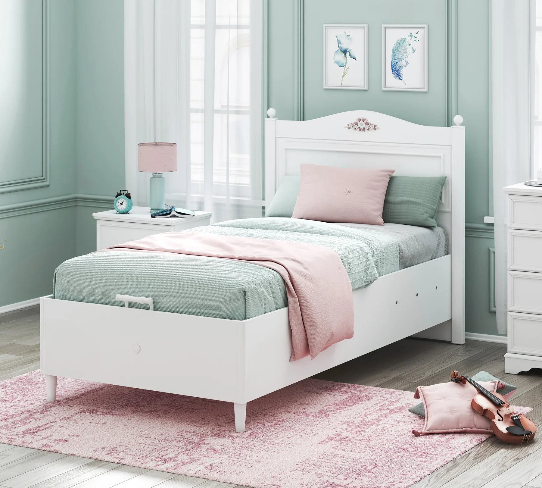 Легло «Rustic White» + табла - с място за съхранение, повдигащ механизъм