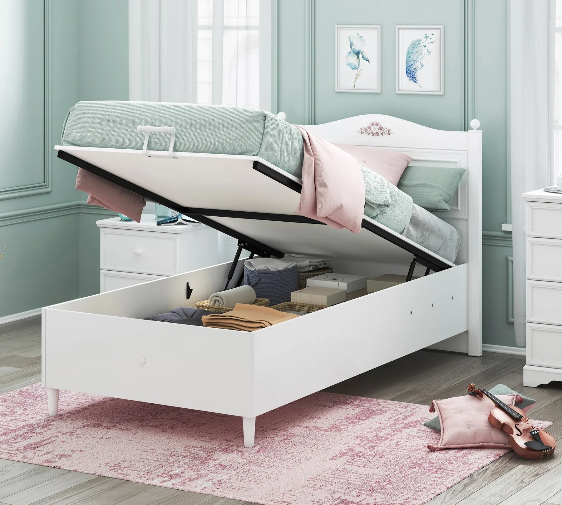 Легло «Rustic White» + табла - с място за съхранение, повдигащ механизъм