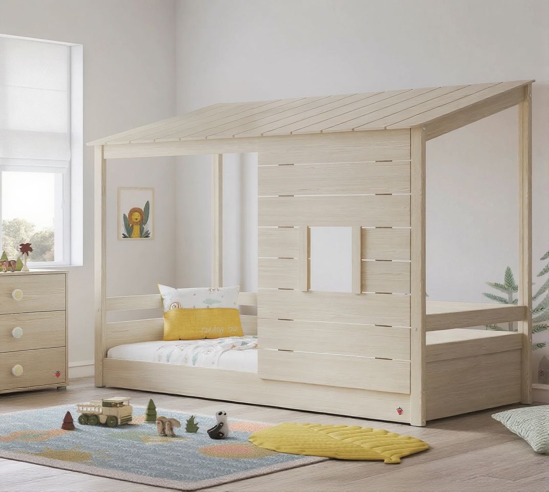 Легло - къщичка «Montes Natural» с покрив и прозорец, за матрак 90х200см