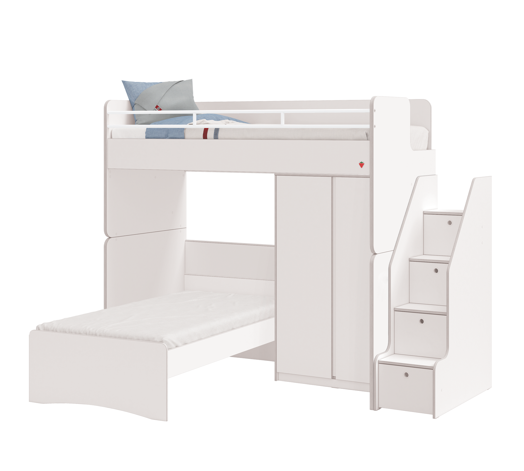 Модулно двуетажно легло «Studio White» - Сет 3, с две легла, гардероб и стълби с чекмеджета