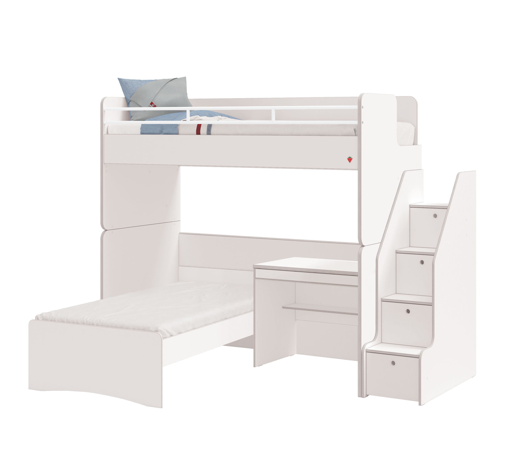 Модулно двуетажно легло «Studio White» - Сет 7, с две легла, бюро и стълби с чекмеджета