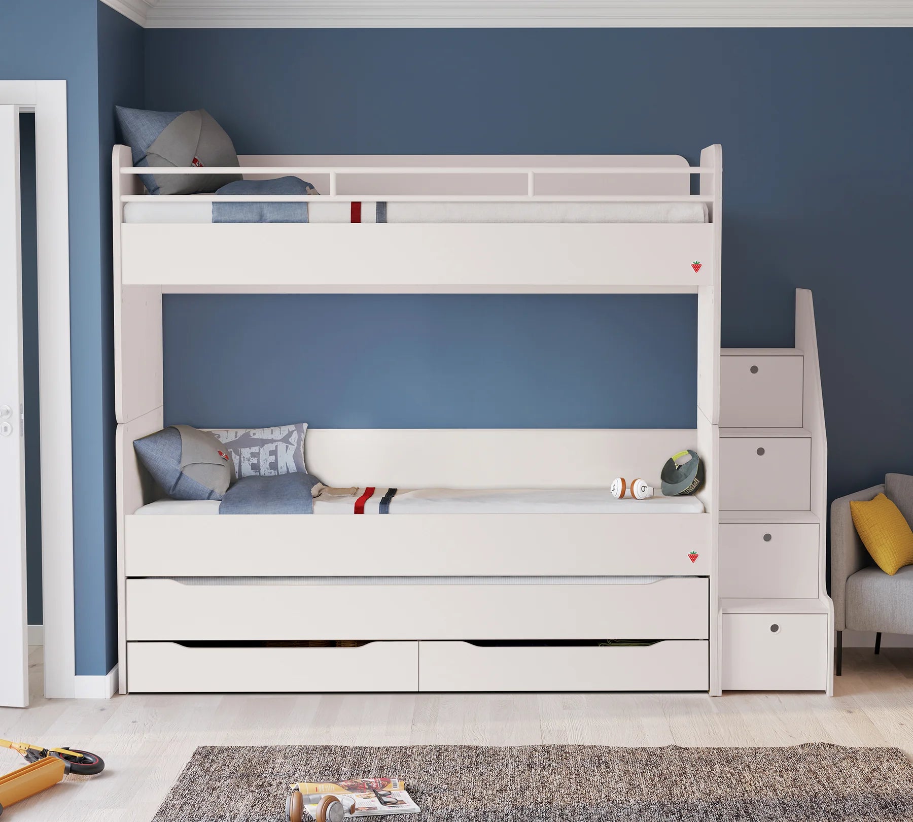 Модулно двуетажно легло «Studio White» - Сет 1, с три легла и стълби с чекмеджета