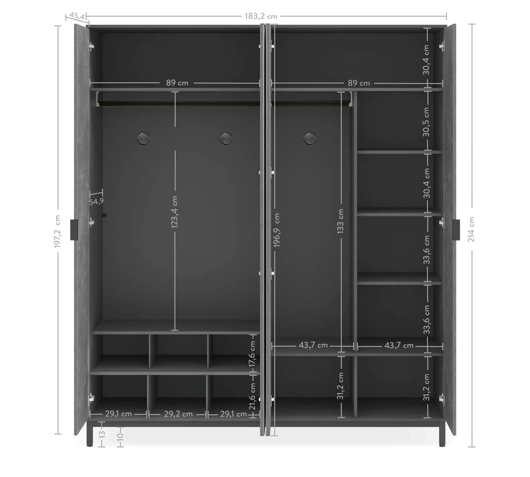 Четирикрилен гардероб «Space Gray» с огледална врата, ширина 183см
