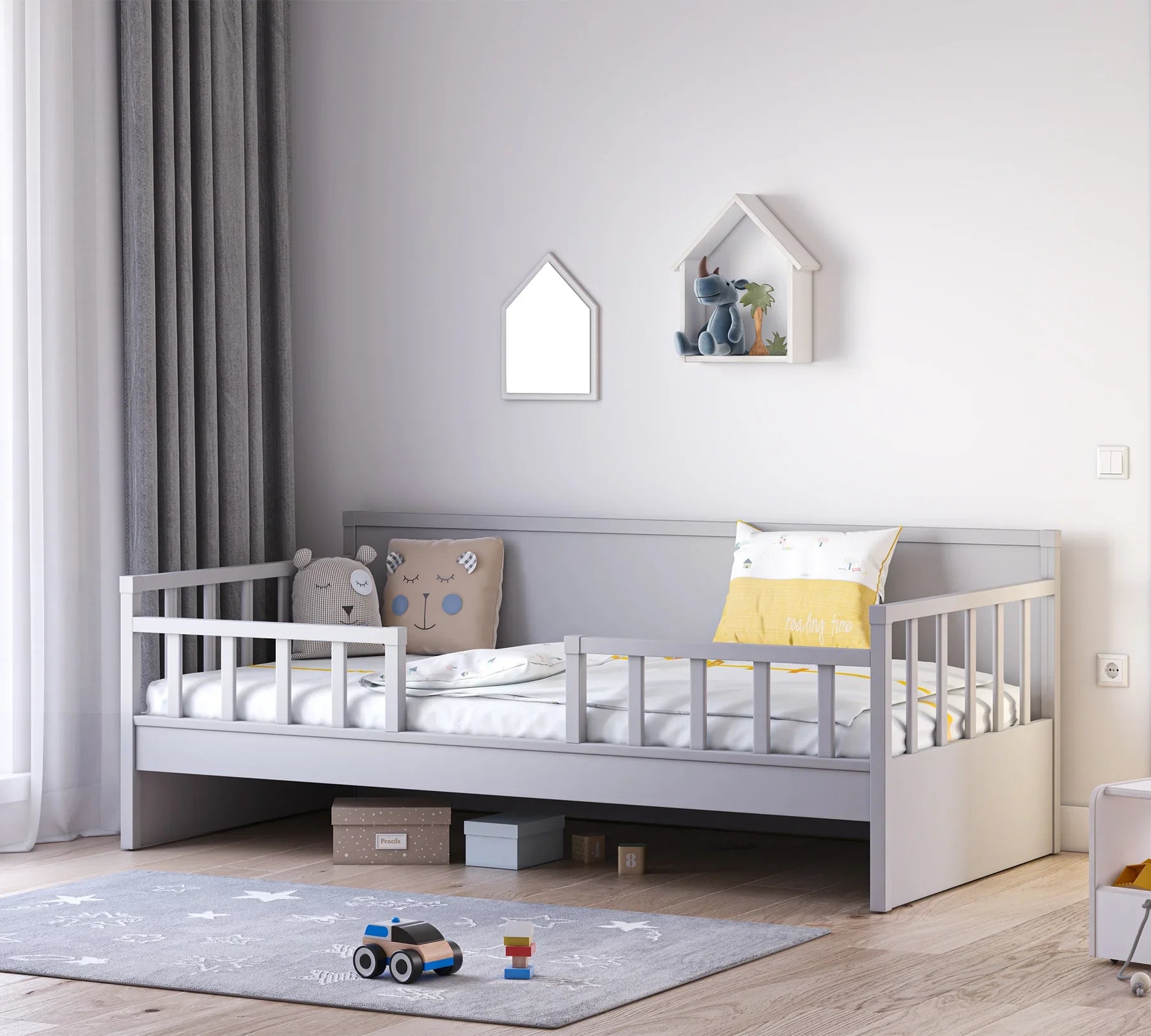 Дневно легло, цвят Сив - с регулираща се преграда, за матрак 100х200см