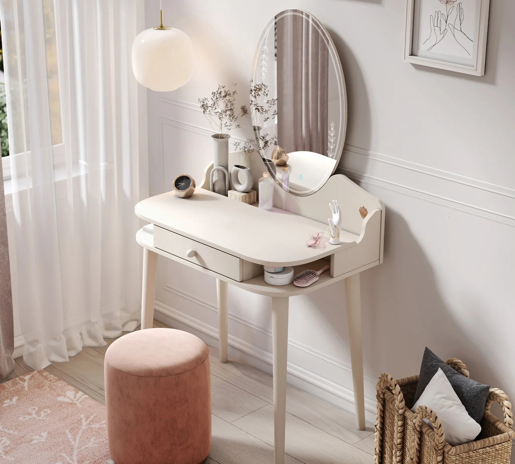 Тоалетка «Крем» + чекмедже и рафтове, огледало с LED осветление, размер 80х143х50см