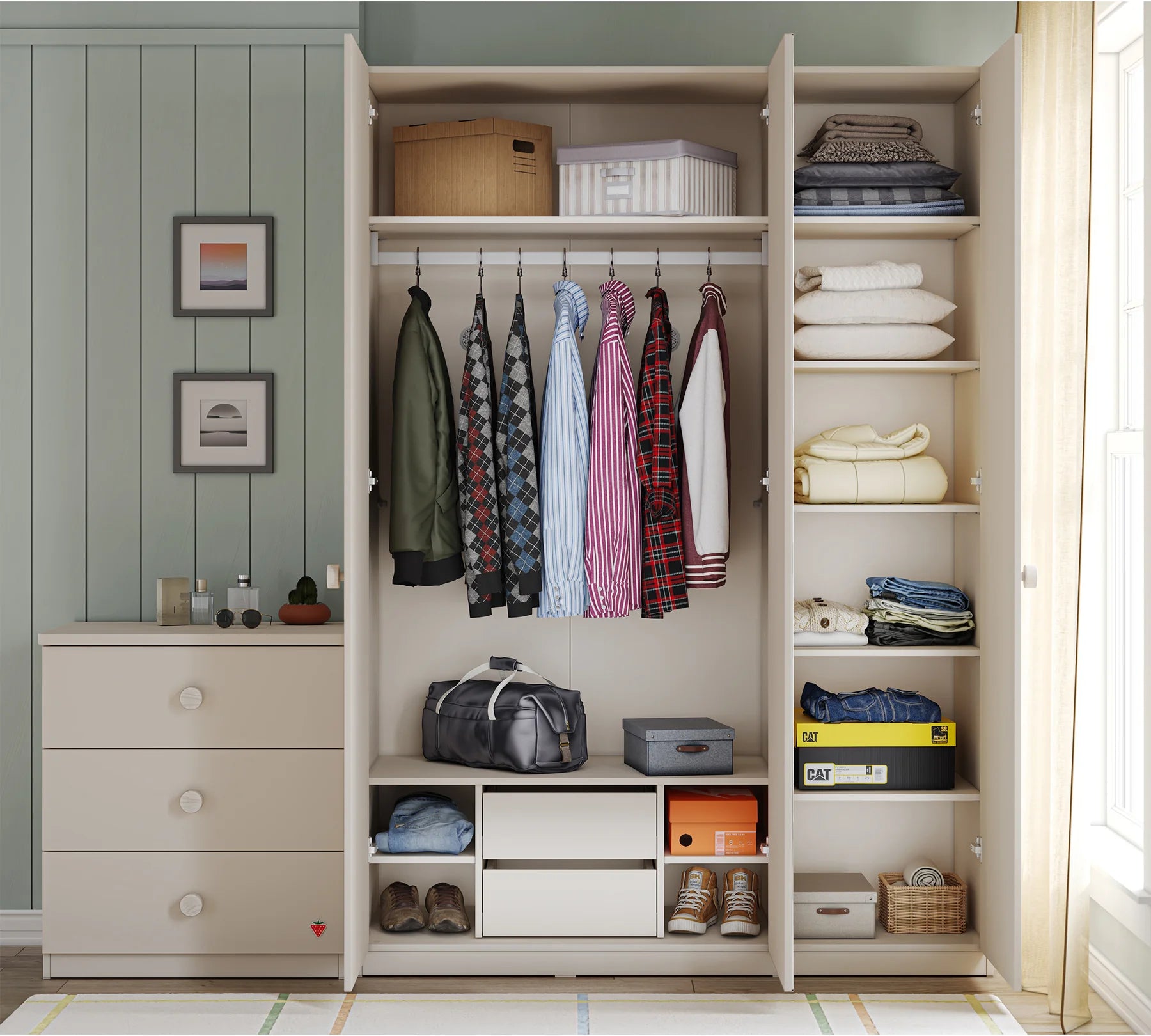 Трикрилен гардероб «Varia» с огледална врата, ширина 127см