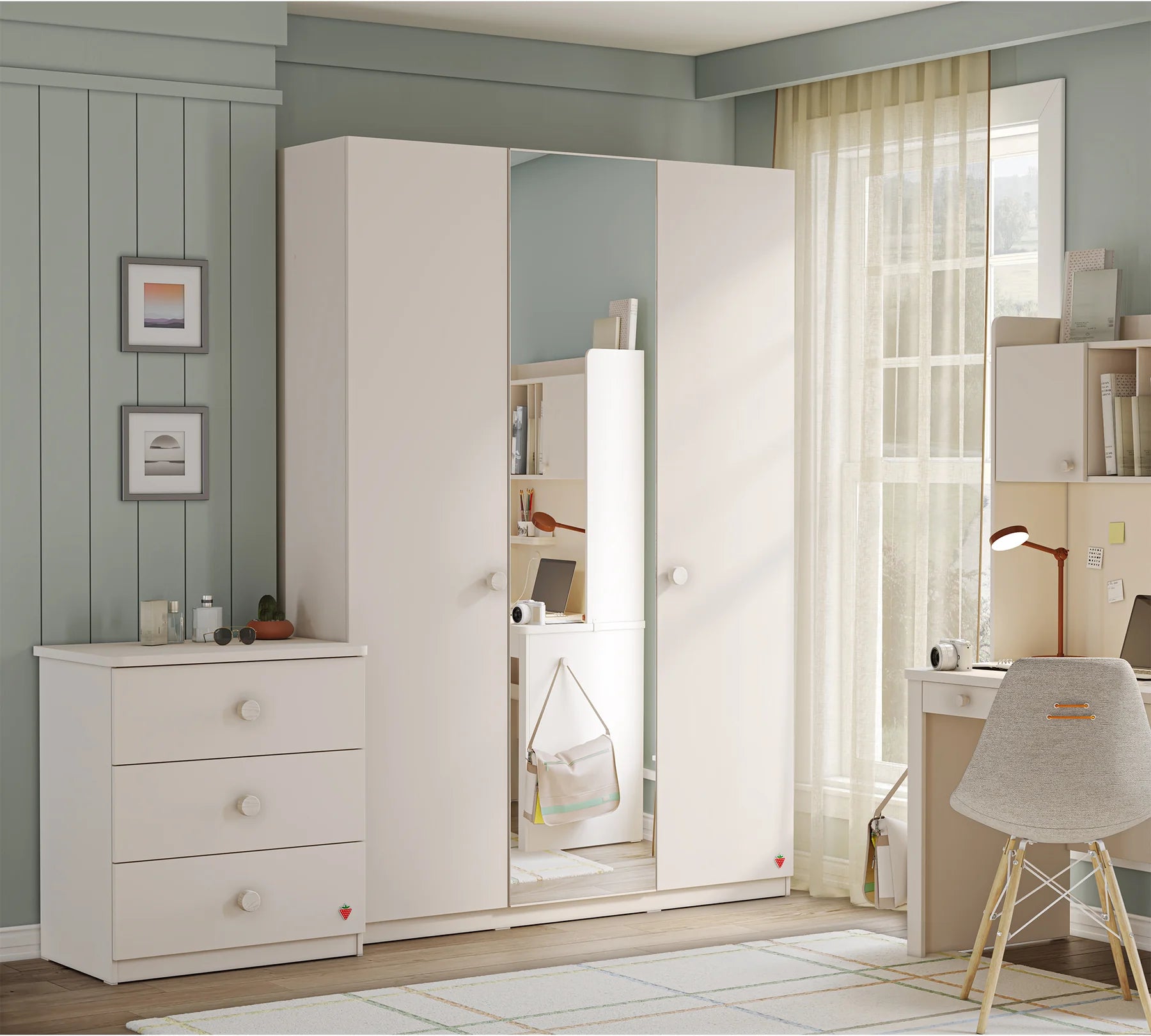 Трикрилен гардероб «Varia» с огледална врата, ширина 127см