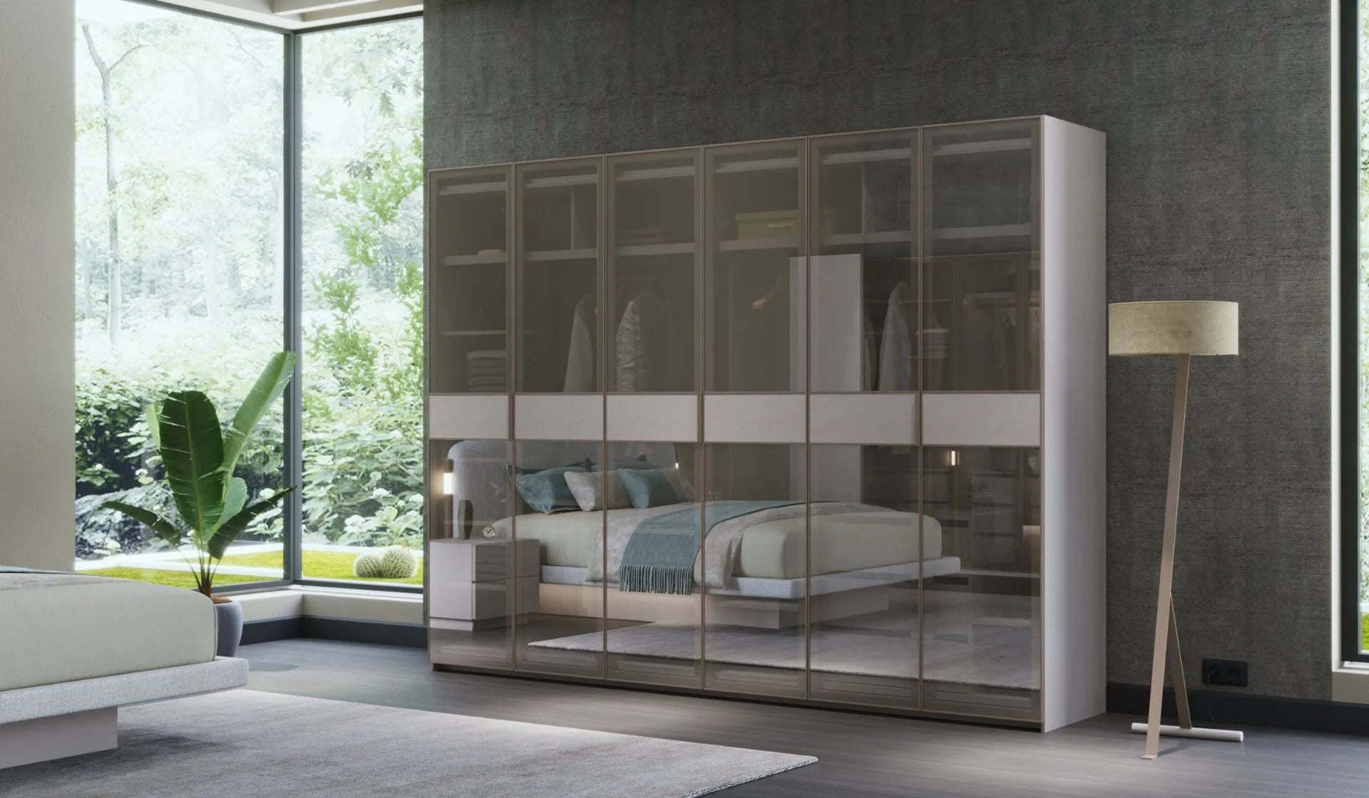 Шесткрилен гардероб «Kasmir» стъклени врати, ширина 303см