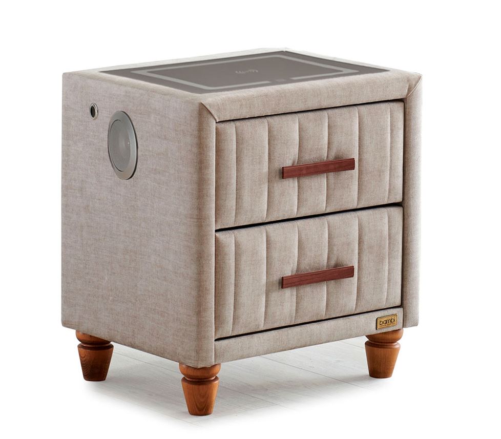 Тапицирано нощно шкафче «Kapok Naturel» + две чекмеджета, с LED осветление, с музикална система и USB зарядна станция, размер 52х59х43см