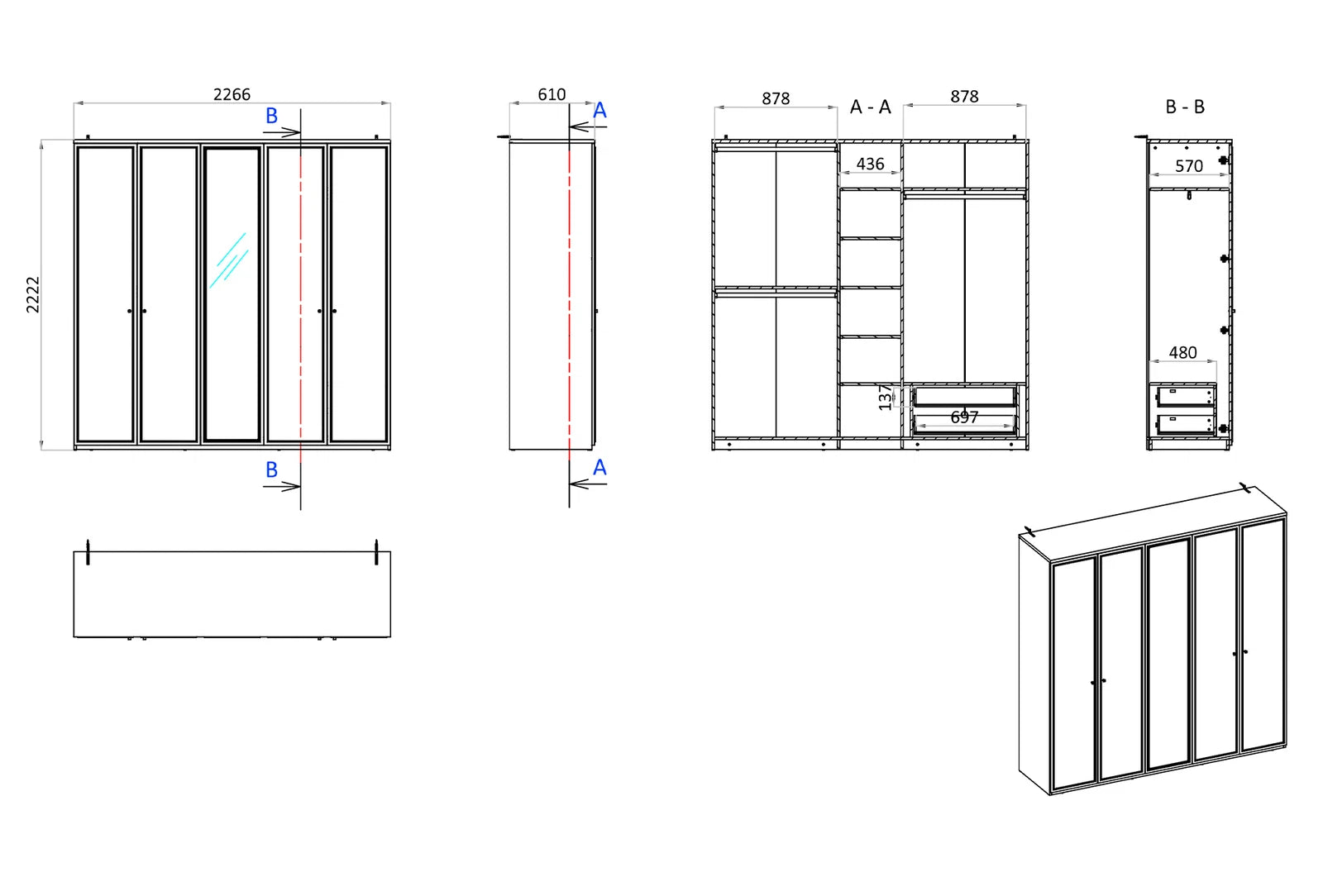 Петкрилен гардероб «Marsana» - огледало, ширина 227см
