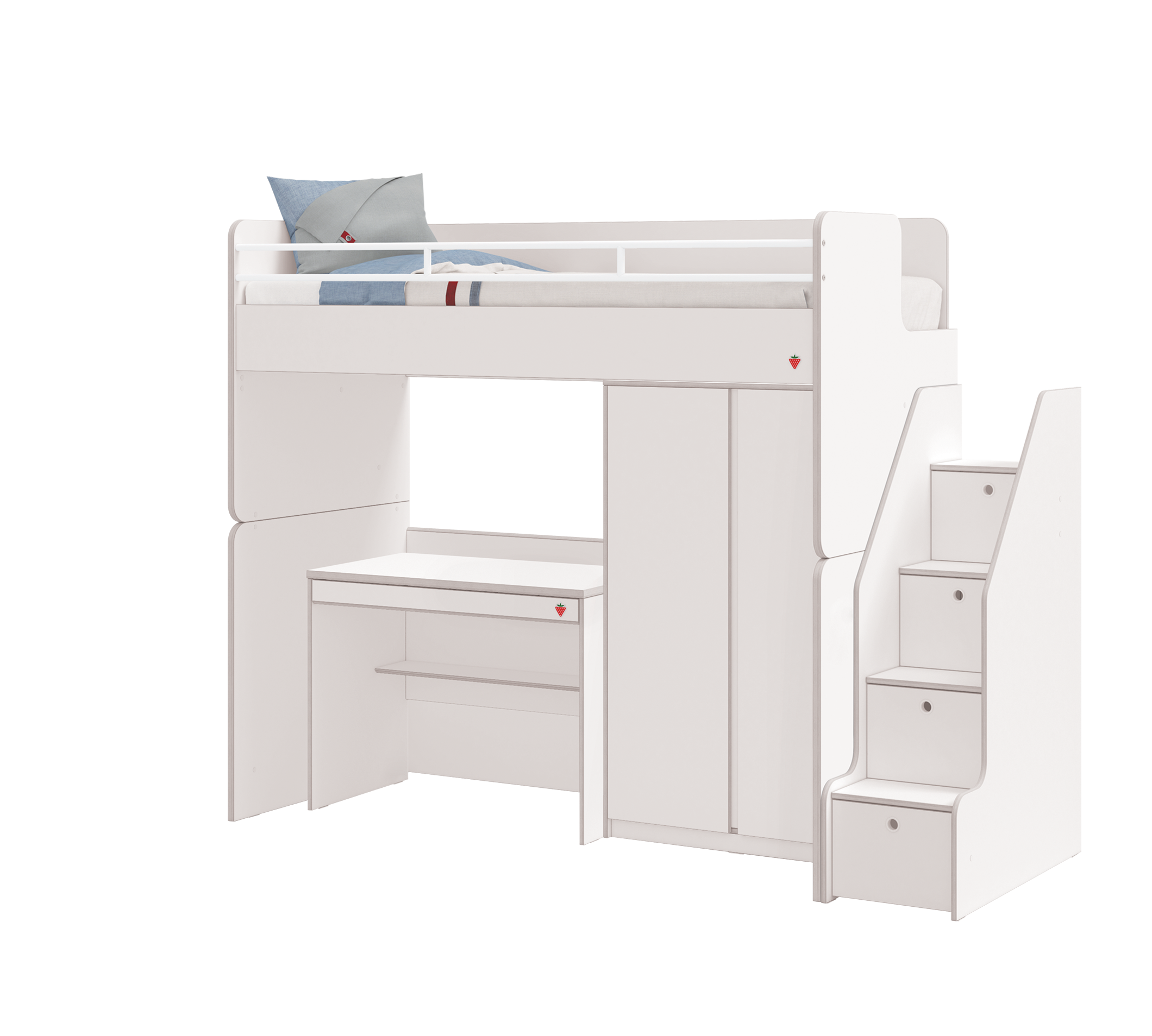 Модулно двуетажно легло «Studio White» - Сет 5, с легло, бюро, гардероб и стълби с чекмеджета