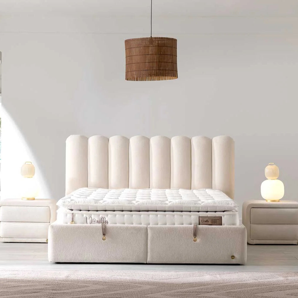 Тапицирано легло «Vanilla Dream Soft» + Матрак и табла - с място за съхранение, матрак с естествен памук