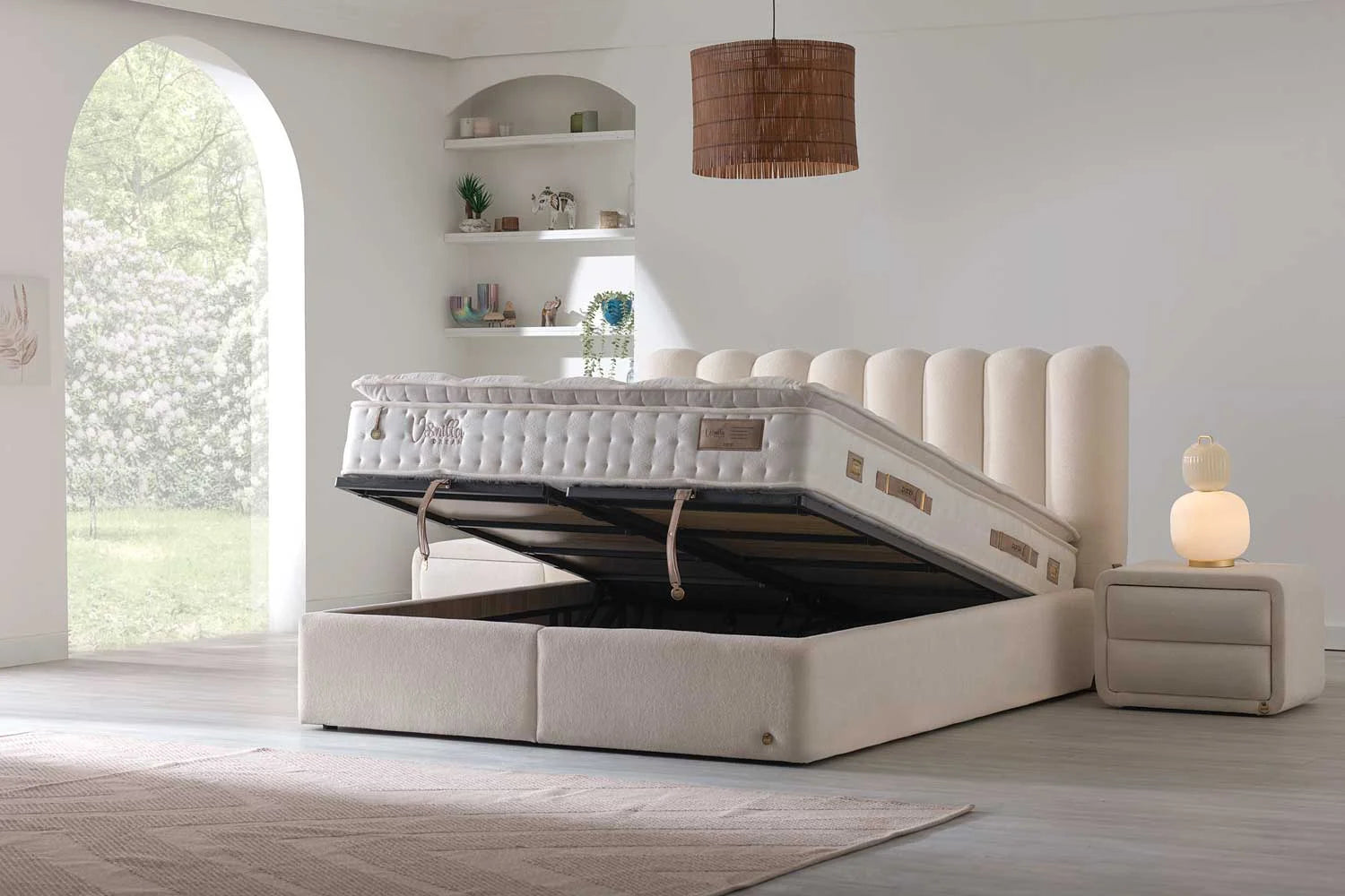 Тапицирано легло «Vanilla Dream Soft» + Матрак и табла - с място за съхранение, матрак с естествен памук