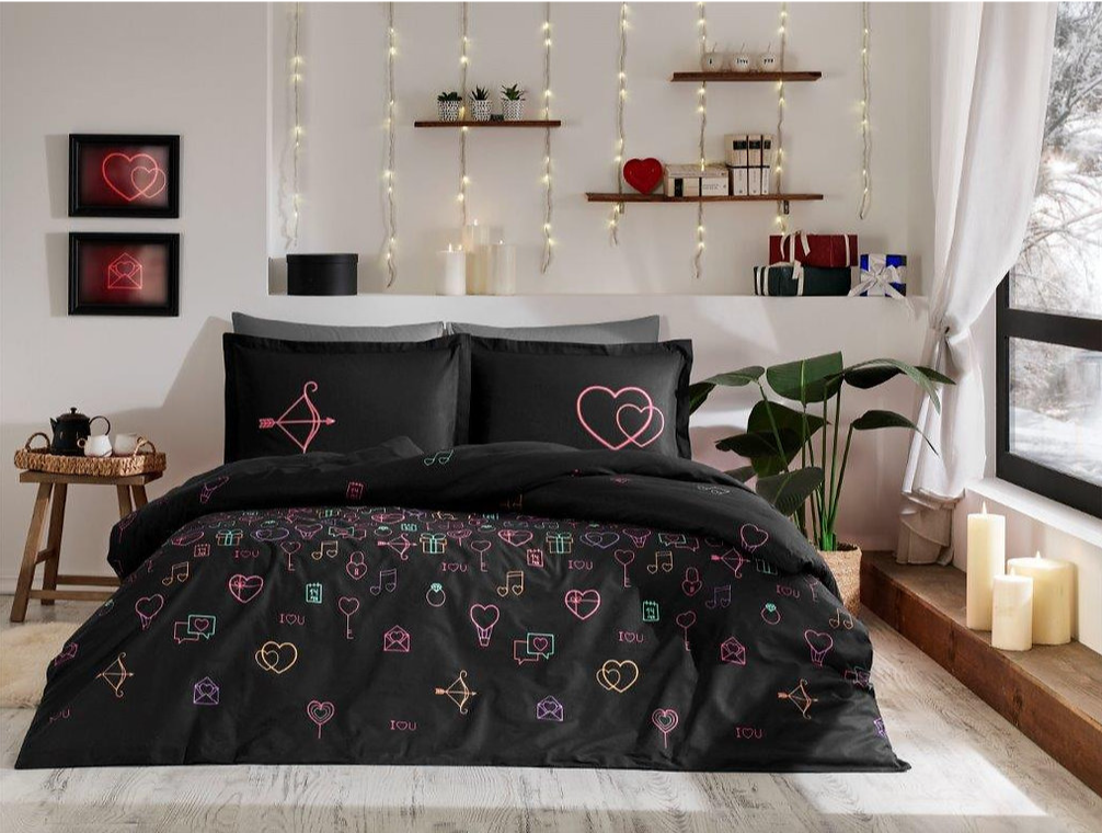 Двоен спален комплект «Gleam Love Siyah» - 4 части, ранфорс