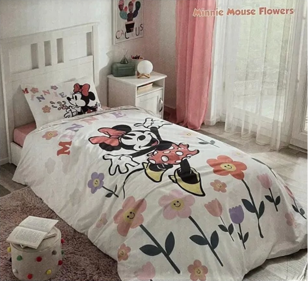 Детски спален комплект «Minnie Flowers» - 3 части, памук, ранфорс, чаршаф с ластик