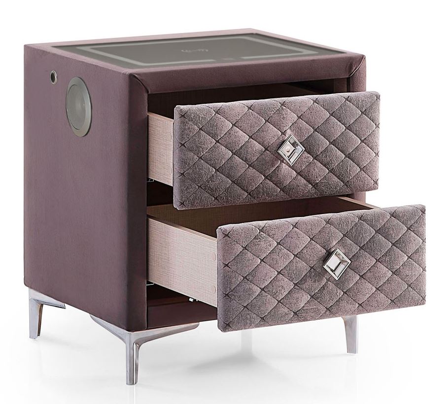 Тапицирано нощно шкафче «Sleepure» + две чекмеджета, с LED осветление, с музикална система и USB зарядна станция, размер 52х59х43см