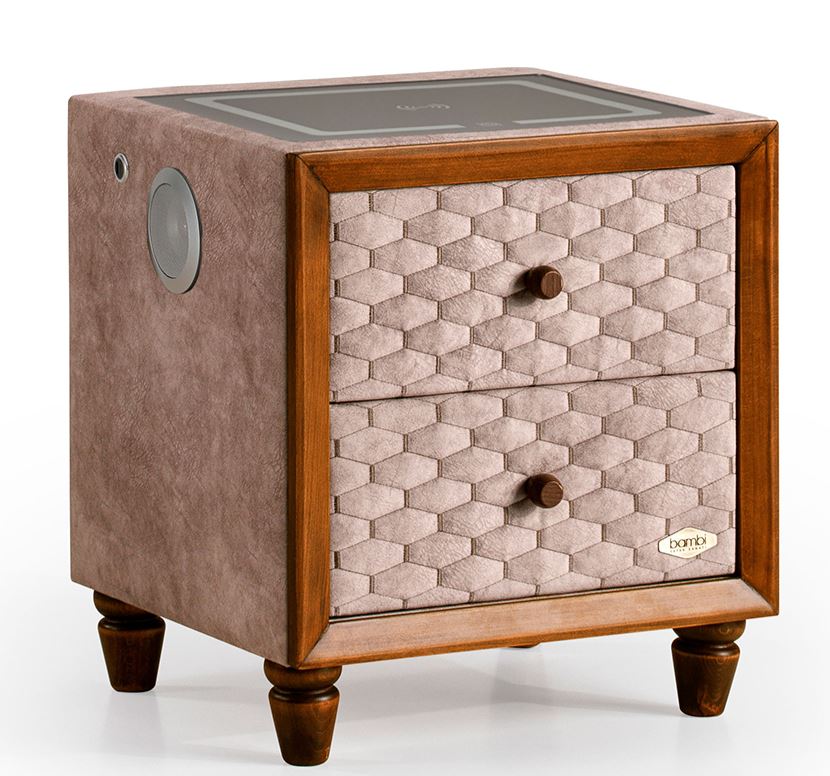 Тапицирано нощно шкафче «Magnasand» + две чекмеджета, с LED осветление, с музикална система и USB зарядна станция, размер 52х59х43см