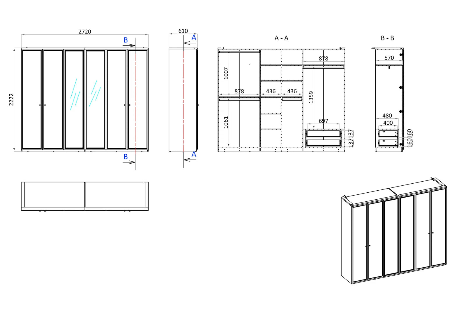 Шесткрилен гардероб «Marsana» с огледални врати, ширина 272см