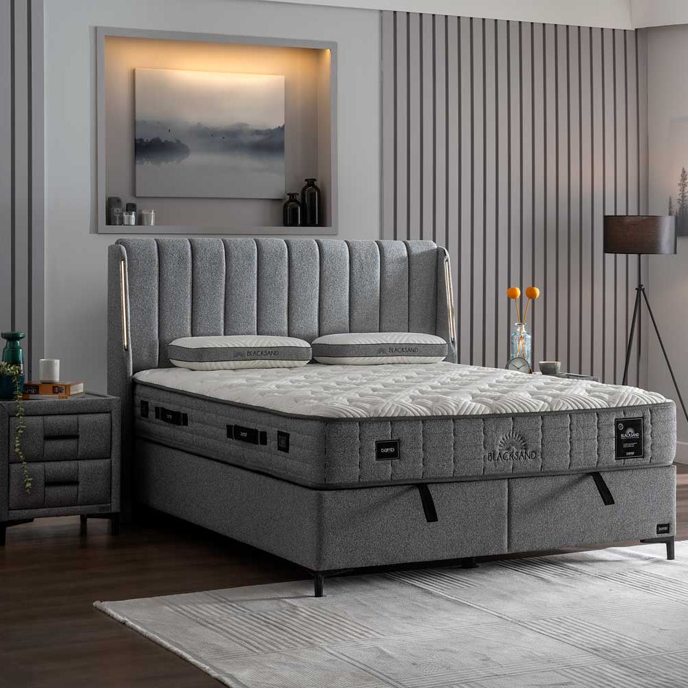 Тапицирано легло «Blacksand» + Матрак и табла - с място за съхранение, матрак с магнитен черен пясък