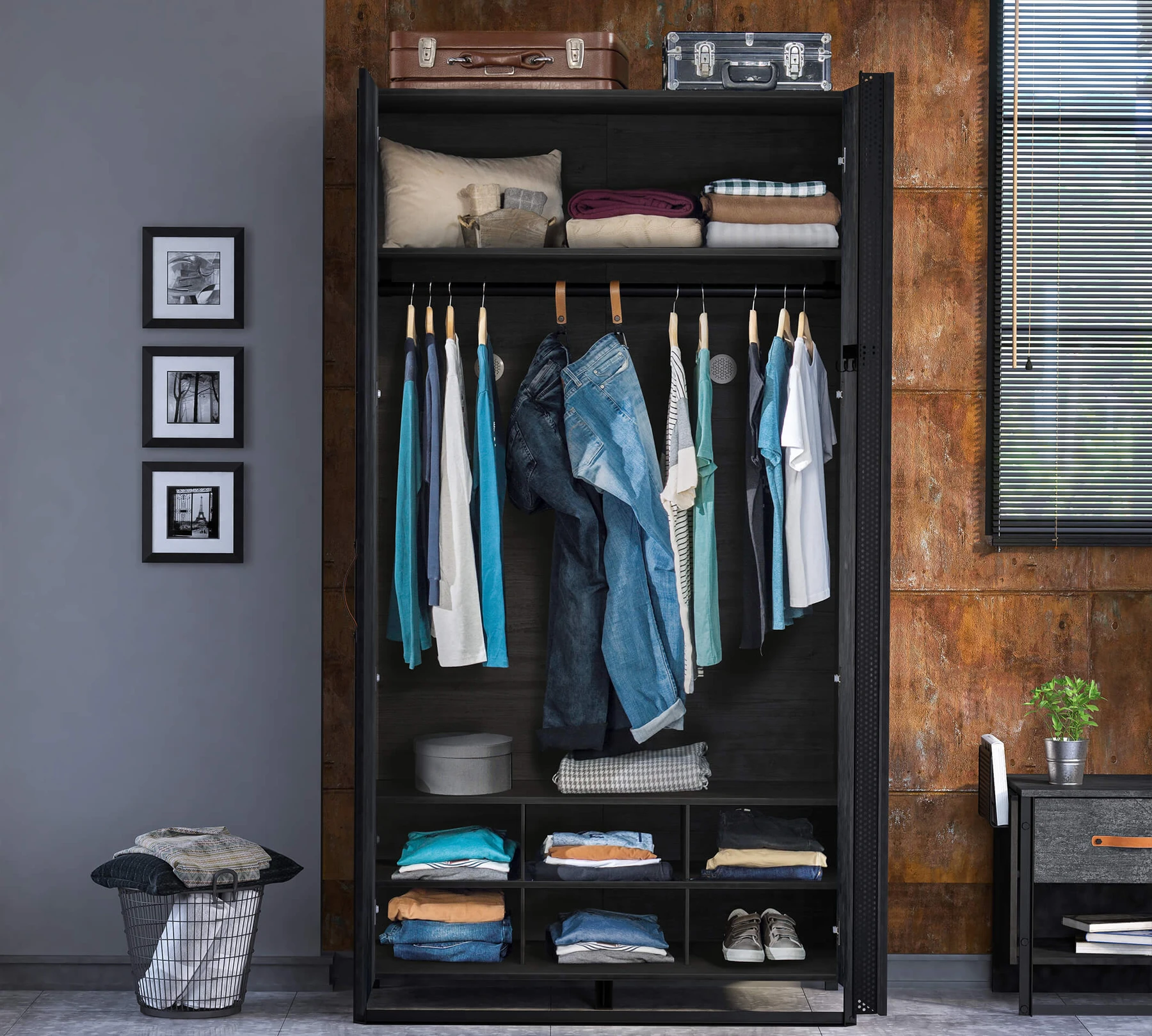 Двукрилен гардероб «Dark Metal» - рафтове, ширина 113см