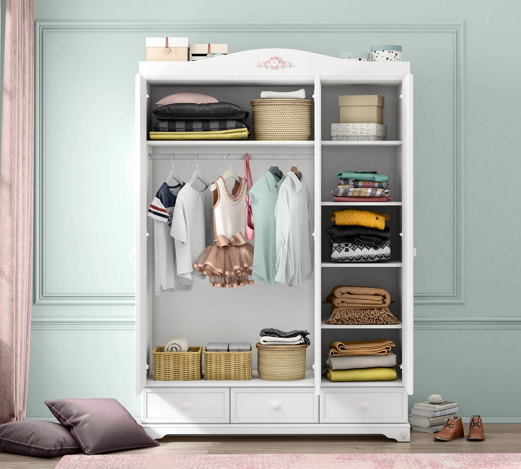 Трикрилен гардероб «Rustic White» с огледална врата, ширина 120см